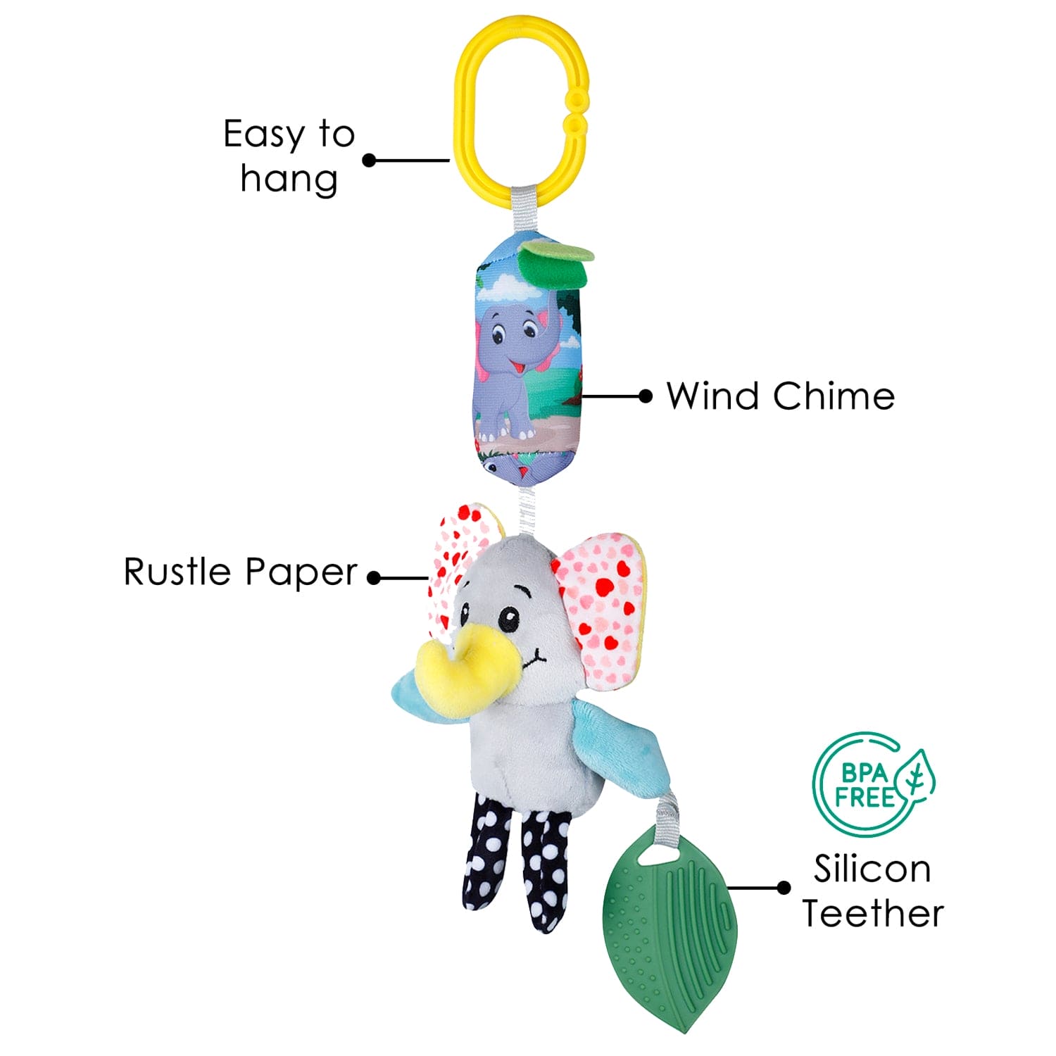 Baby Moo Elephant Sensory Wind Chime Hanging Toy With Teether - Blue