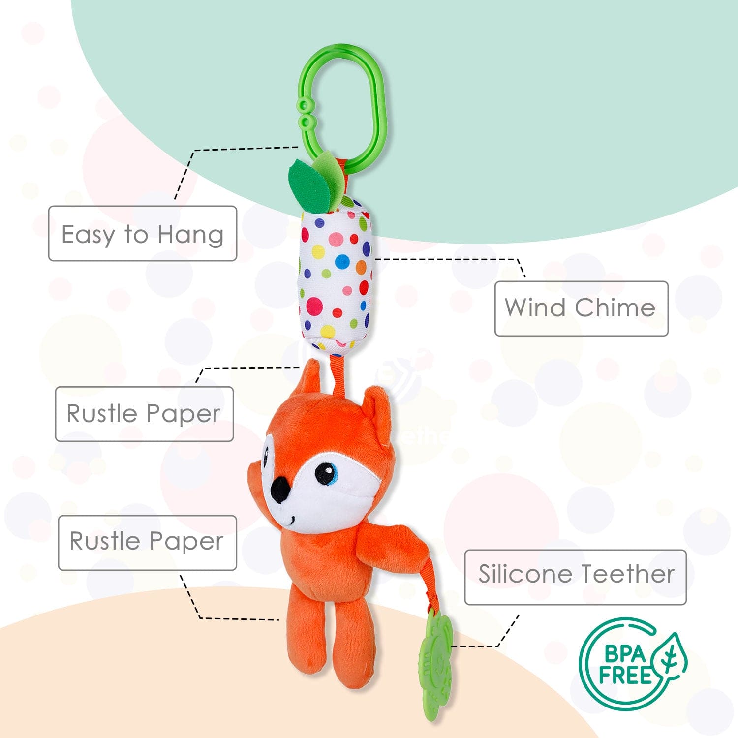 Baby Moo Fox Sensory Wind Chime Hanging Toy With Teether - Orange