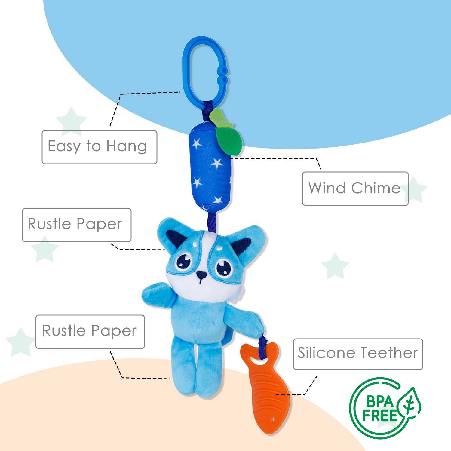 Baby Moo Wolf Sensory Wind Chime Hanging Toy With Teether - Blue