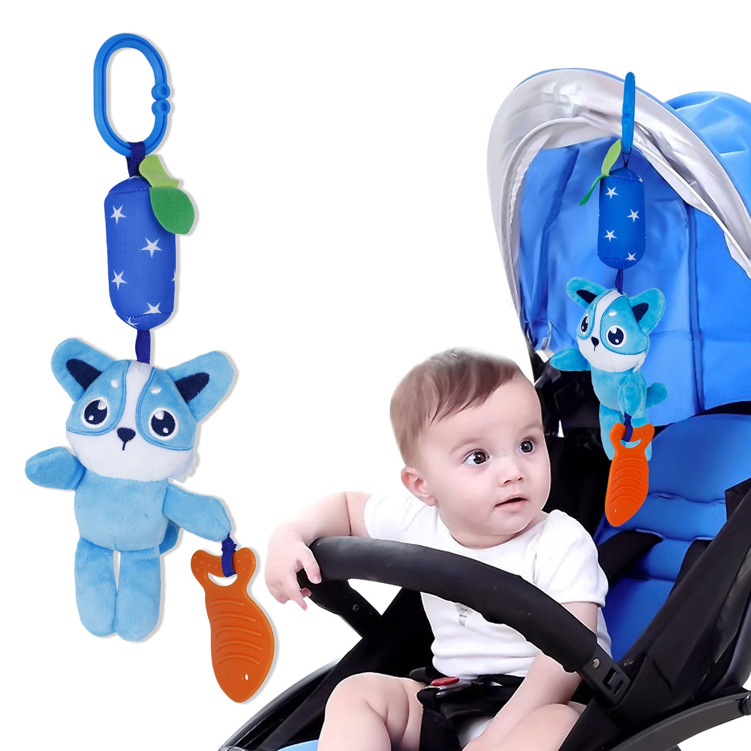 Baby Moo Wolf Sensory Wind Chime Hanging Toy With Teether - Blue
