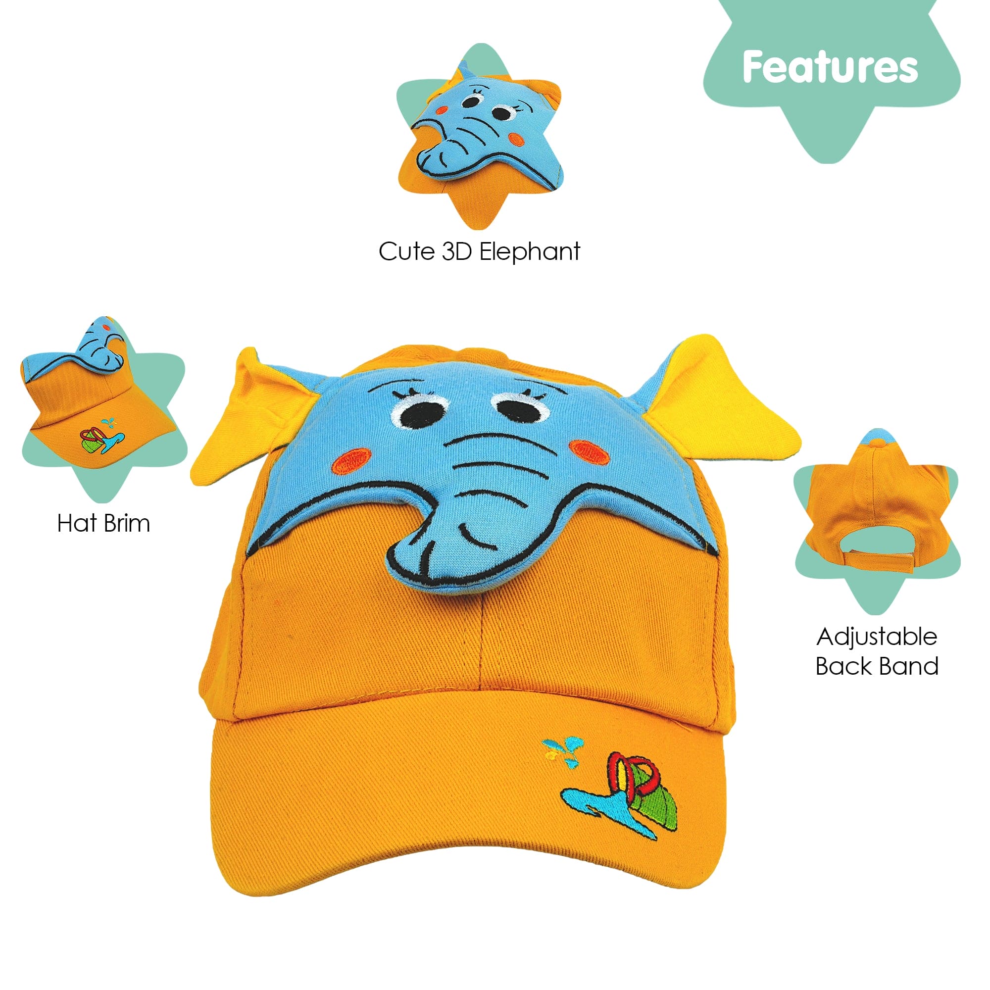 Baby Moo 3D Elephant Cartoon Character Cap - Yellow, Blue