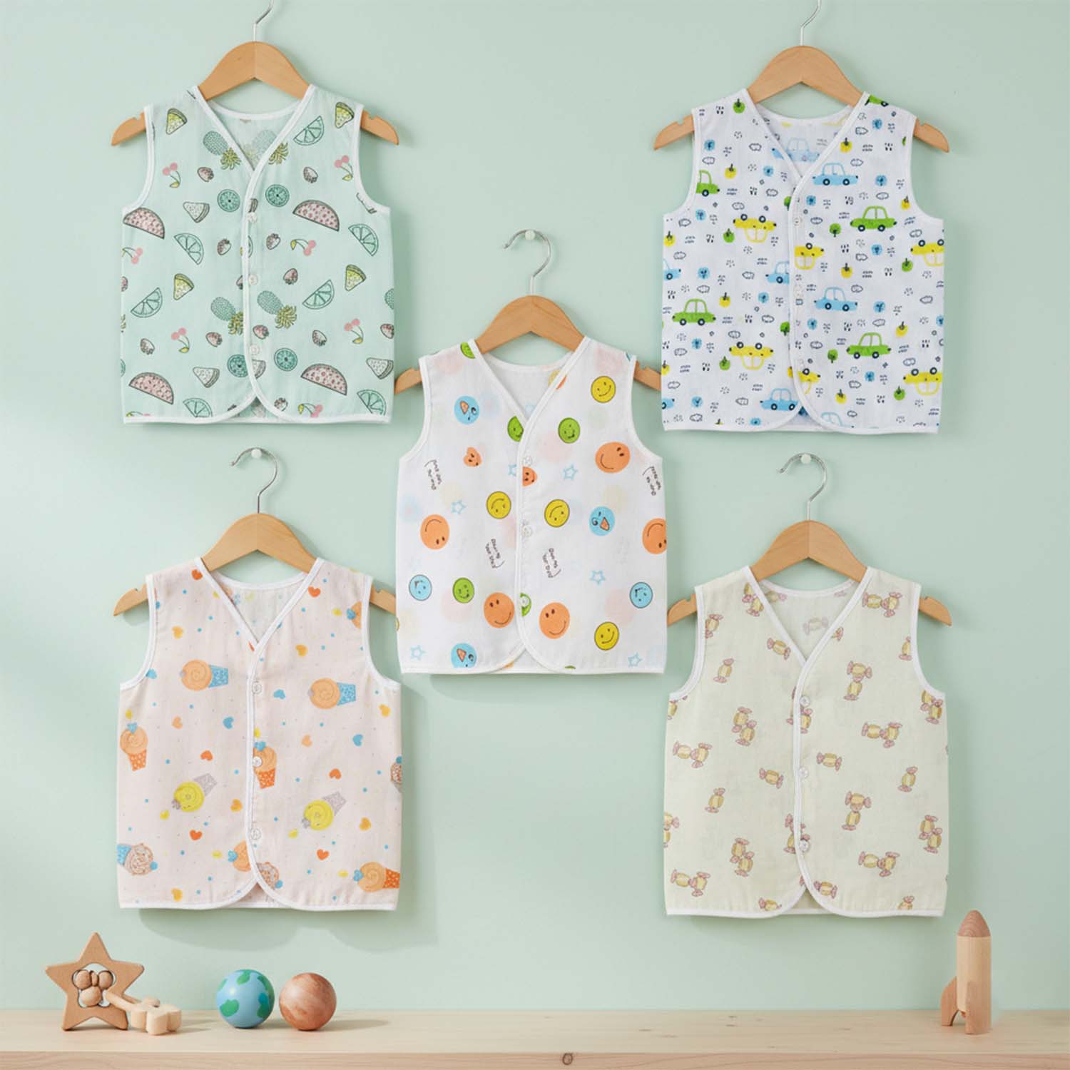 Baby Moo Car And Fruit Print V-Neck Sleeveless Front Opening Button Cotton Jhablas 5 Pcs - Yellow, Multicolour