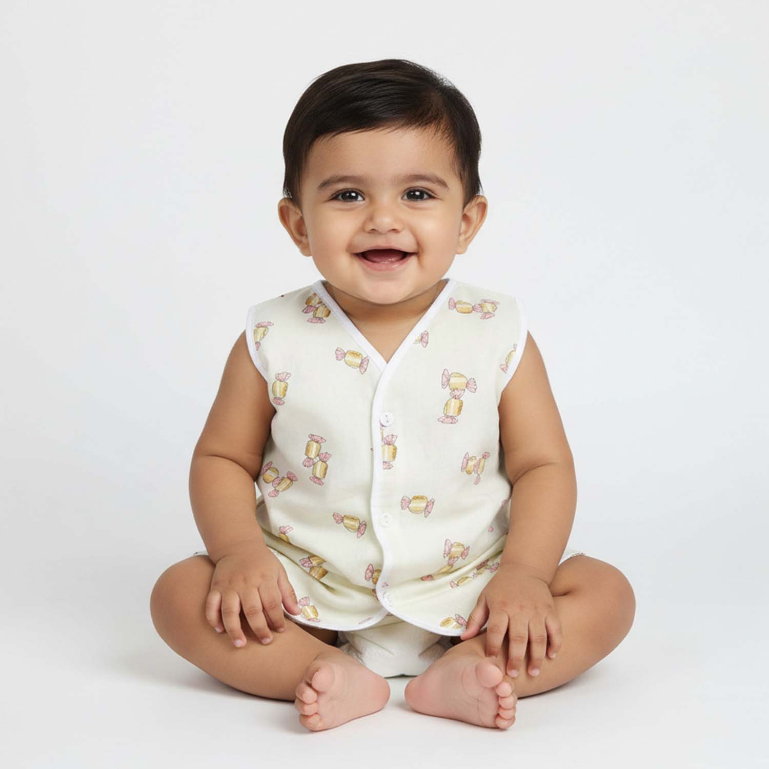 Baby Moo Car And Fruit Print V-Neck Sleeveless Front Opening Button Cotton Jhablas 5 Pcs - Yellow, Multicolour