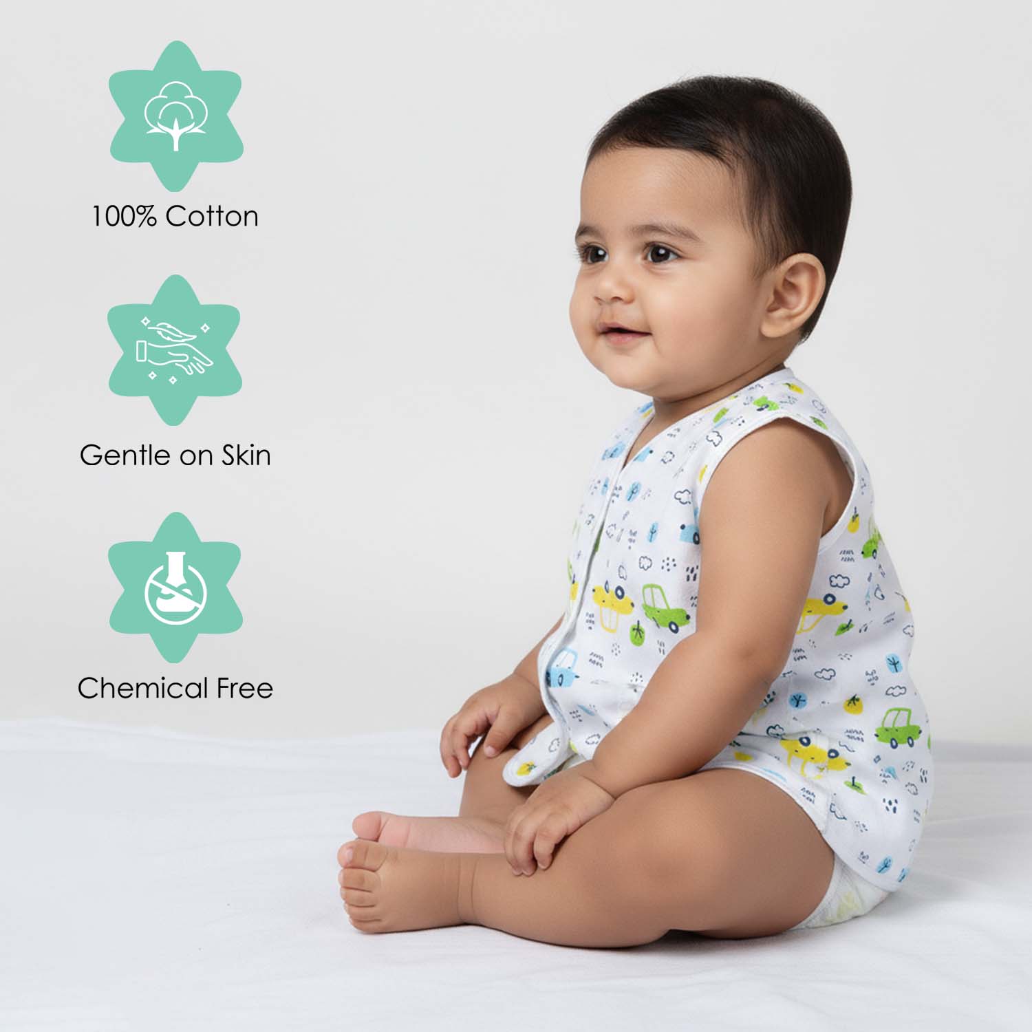 Baby Moo Car And Fruit Print V-Neck Sleeveless Front Opening Button Cotton Jhablas 5 Pcs - Yellow, Multicolour