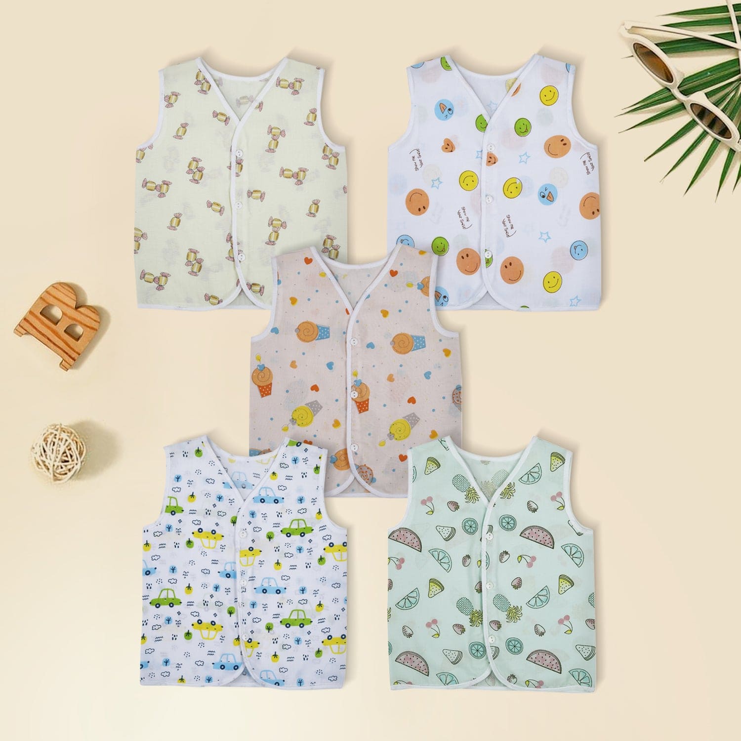 Baby Moo Car And Fruit Print V-Neck Sleeveless Front Opening Button Cotton Jhablas 5 Pcs - Yellow, Multicolour