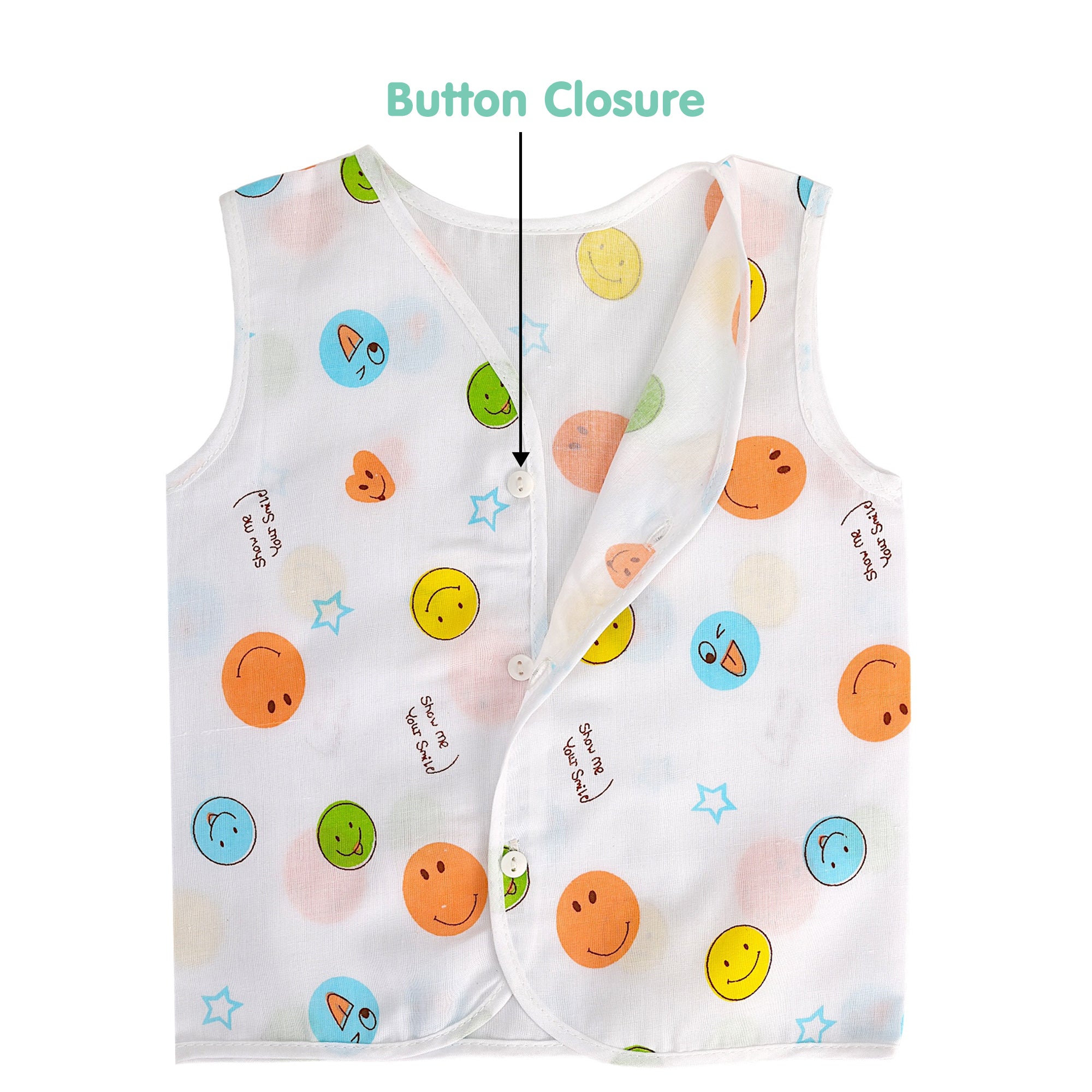 Baby Moo Car And Fruit Print V-Neck Sleeveless Front Opening Button Cotton Jhablas 5 Pcs - Yellow, Multicolour