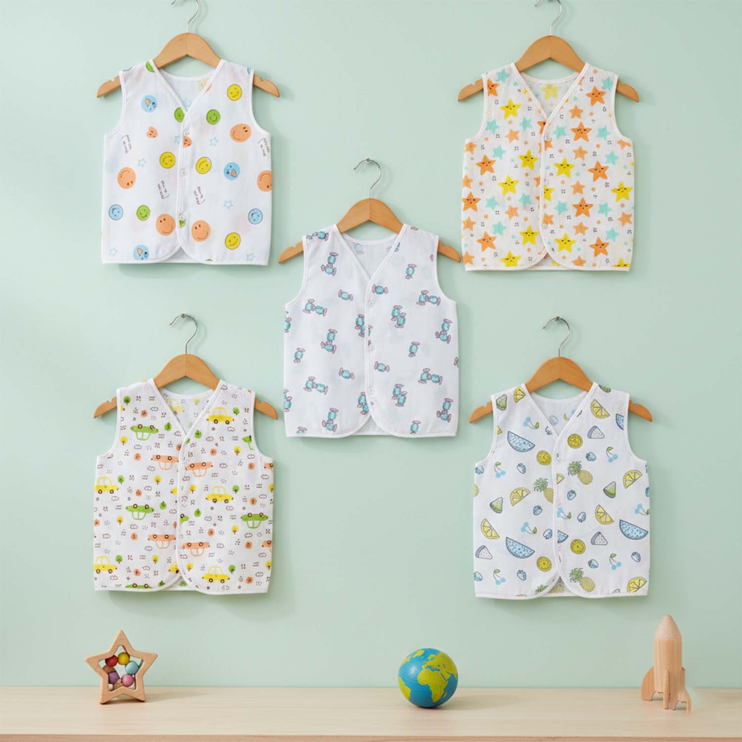 Baby Moo Fruity Fun Prints V-Neck Sleeveless Front Opening Button Cotton Jhablas 5 Pcs - Green, Multicolour