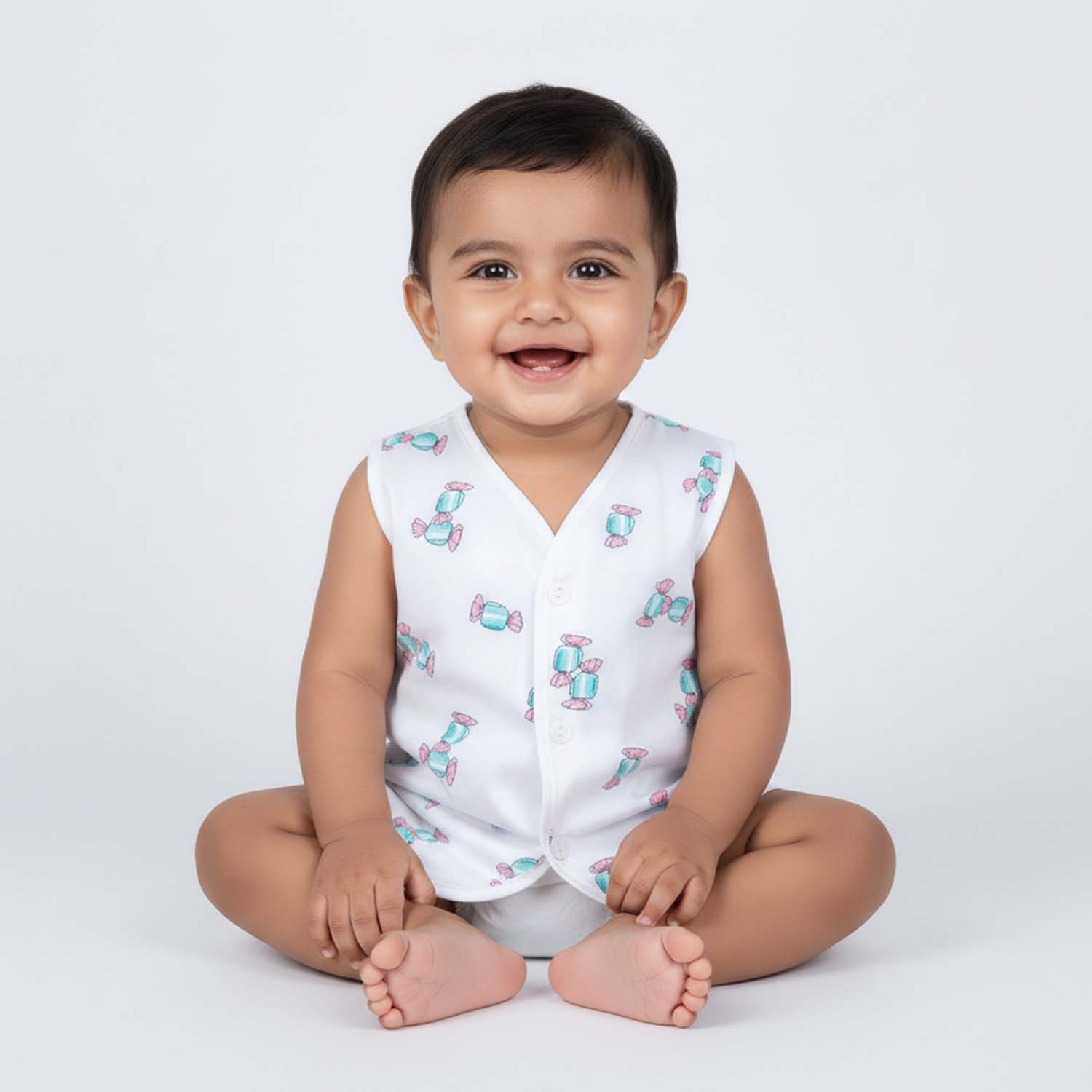 Baby Moo Fruity Fun Prints V-Neck Sleeveless Front Opening Button Cotton Jhablas 5 Pcs - Green, Multicolour