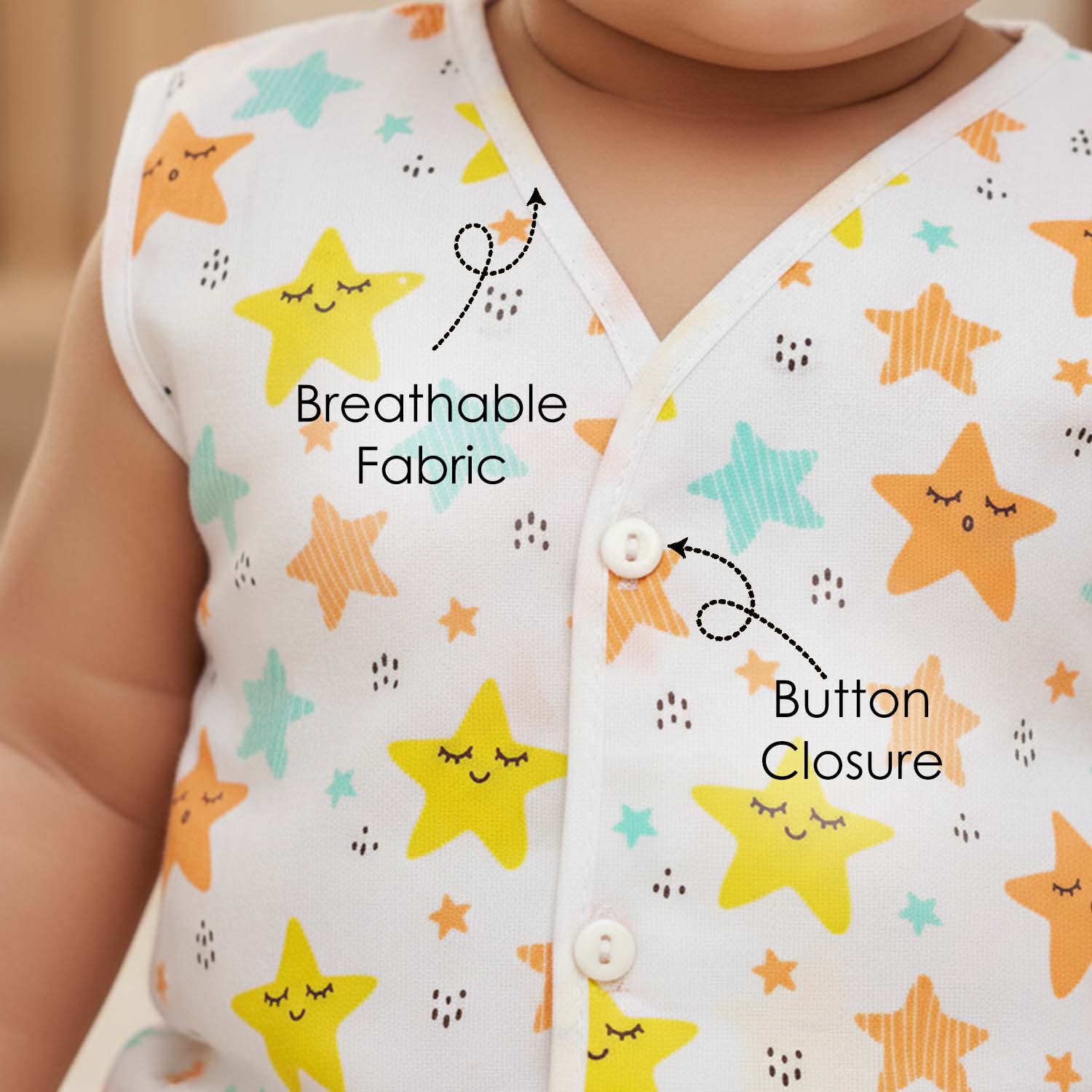 Baby Moo Fruity Fun Prints V-Neck Sleeveless Front Opening Button Cotton Jhablas 5 Pcs - Green, Multicolour