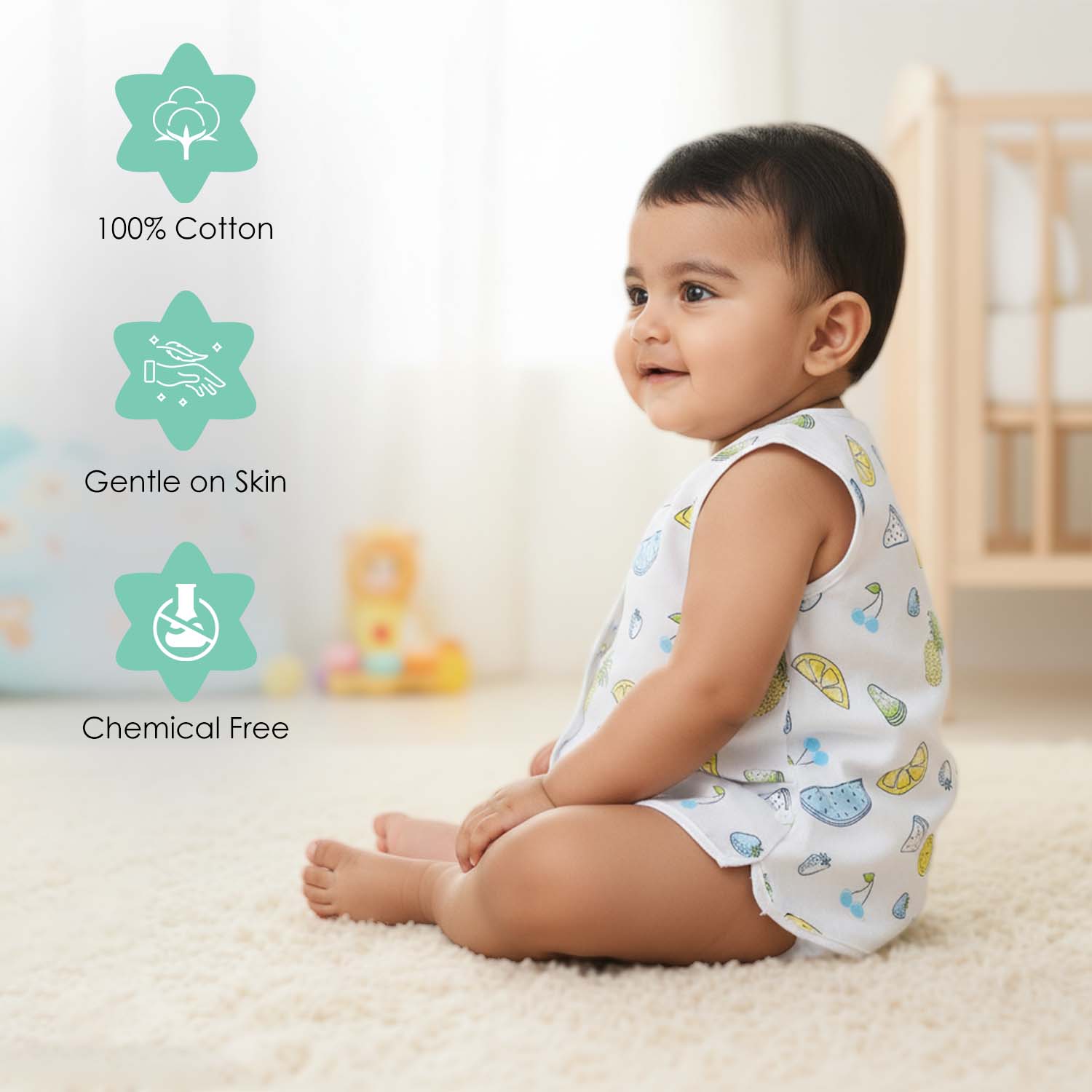 Baby Moo Fruity Fun Prints V-Neck Sleeveless Front Opening Button Cotton Jhablas 5 Pcs - Green, Multicolour