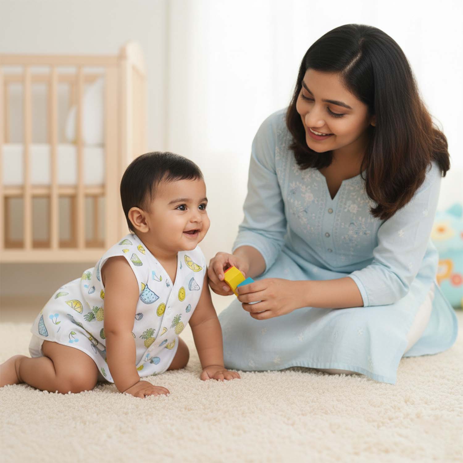 Baby Moo Fruity Fun Prints V-Neck Sleeveless Front Opening Button Cotton Jhablas 5 Pcs - Green, Multicolour