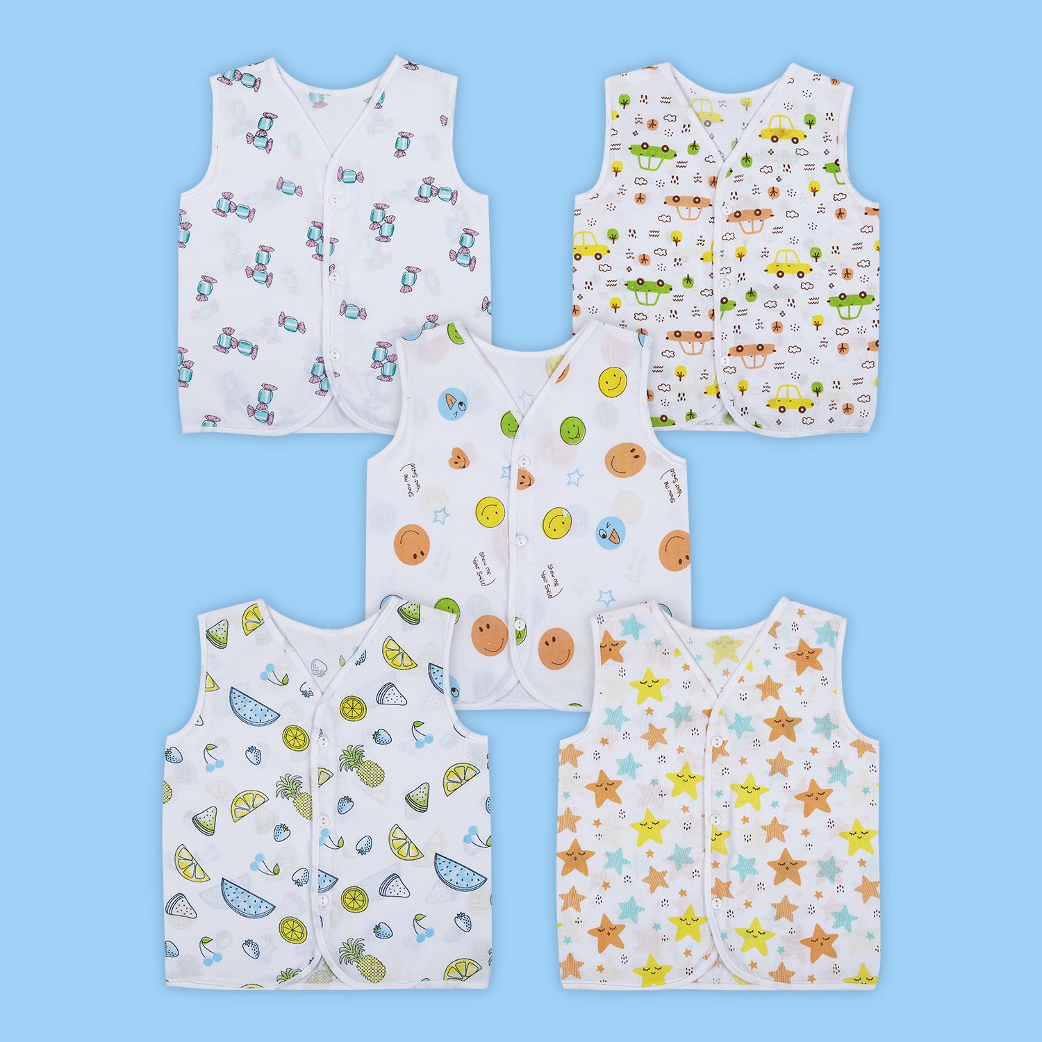Baby Moo Fruity Fun Prints V-Neck Sleeveless Front Opening Button Cotton Jhablas 5 Pcs - Green, Multicolour