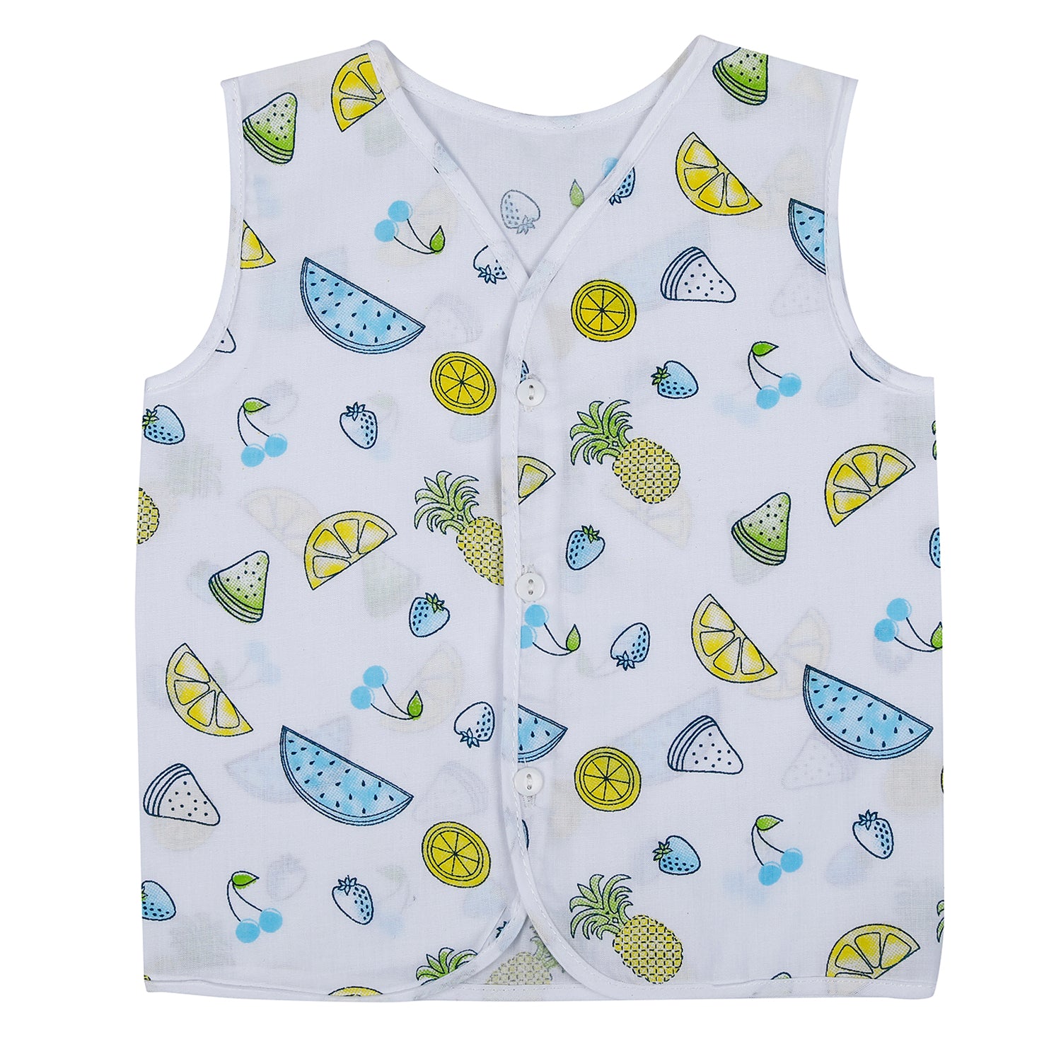 Baby Moo Fruity Fun Prints V-Neck Sleeveless Front Opening Button Cotton Jhablas 5 Pcs - Green, Multicolour