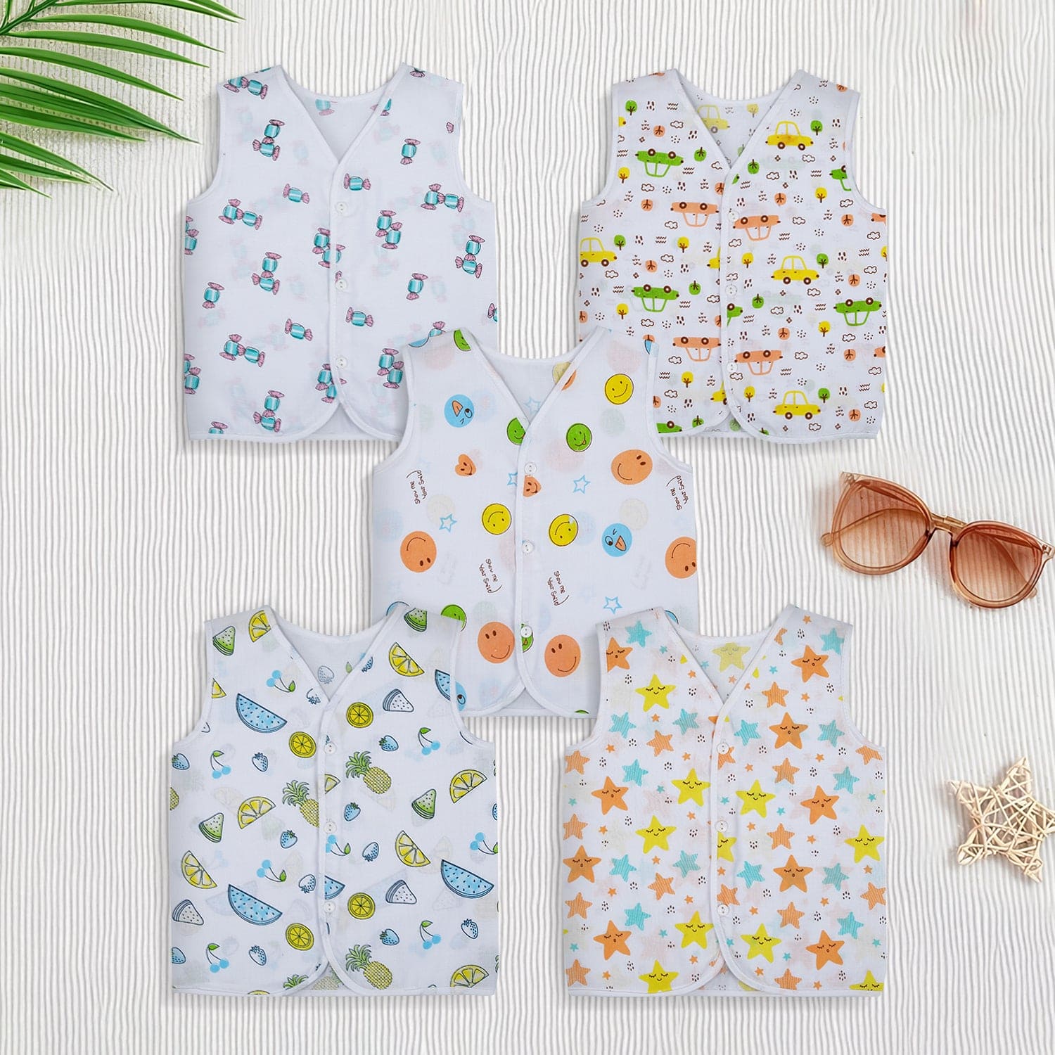 Baby Moo Fruity Fun Prints V-Neck Sleeveless Front Opening Button Cotton Jhablas 5 Pcs - Green, Multicolour