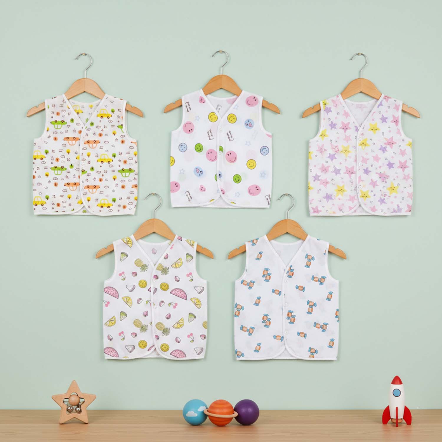 Baby Moo Smiling Stars Printed V-Neck Sleeveless Front Opening Button Cotton Jhablas 5 Pcs - Yellow, Multicolour
