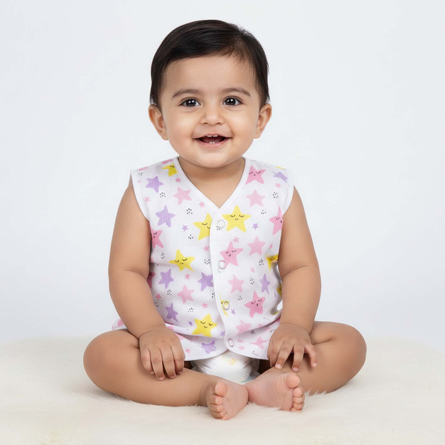 Baby Moo Smiling Stars Printed V-Neck Sleeveless Front Opening Button Cotton Jhablas 5 Pcs - Yellow, Multicolour