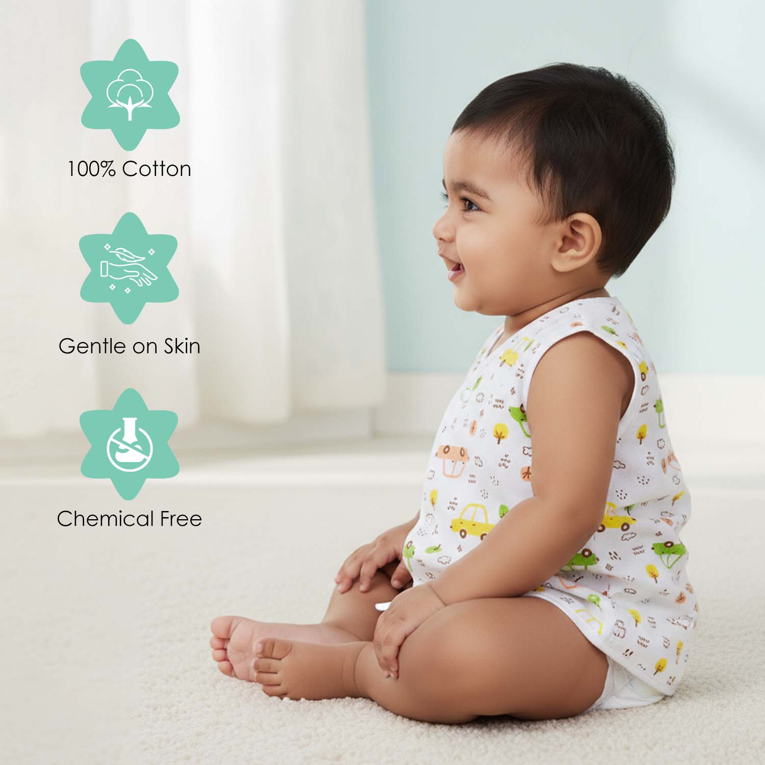 Baby Moo Smiling Stars Printed V-Neck Sleeveless Front Opening Button Cotton Jhablas 5 Pcs - Yellow, Multicolour