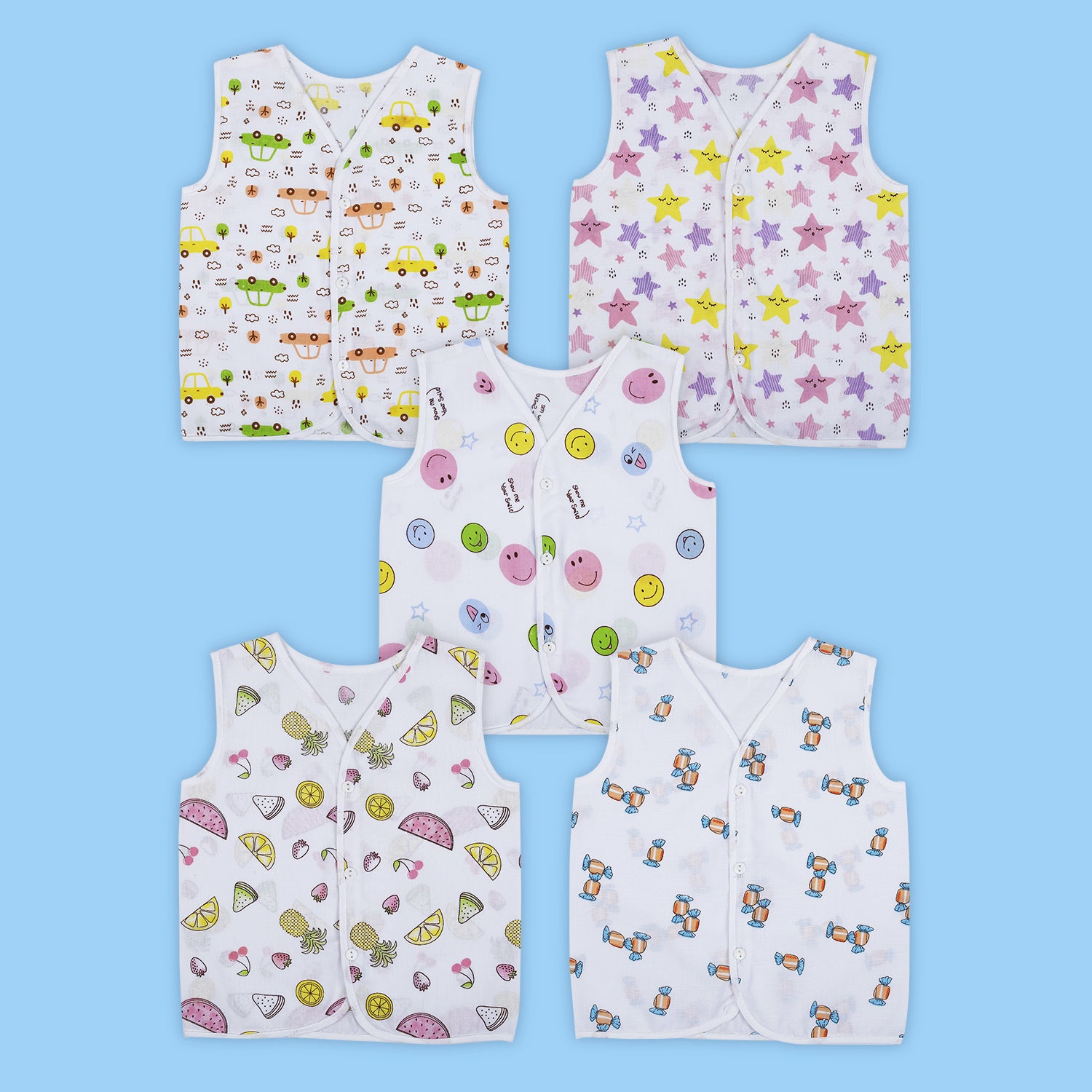 Baby Moo Smiling Stars Printed V-Neck Sleeveless Front Opening Button Cotton Jhablas 5 Pcs - Yellow, Multicolour