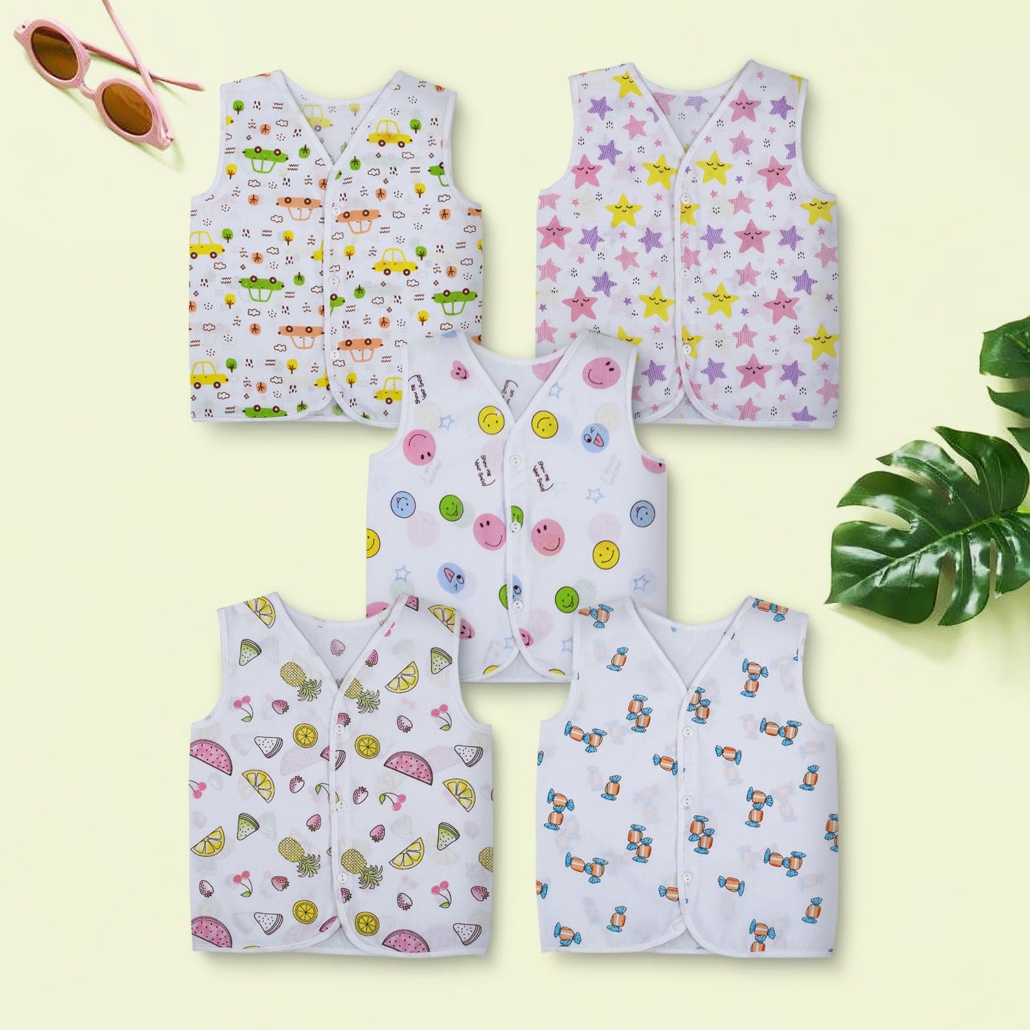 Baby Moo Smiling Stars Printed V-Neck Sleeveless Front Opening Button Cotton Jhablas 5 Pcs - Yellow, Multicolour