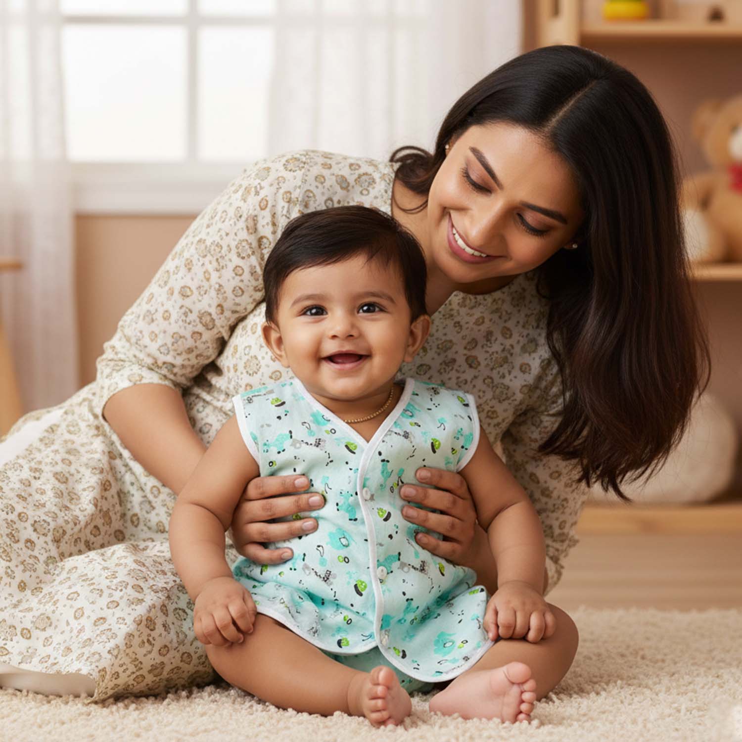 Baby Moo Sugar Rush Multi Print V-Neck Sleeveless Front Opening Button Cotton Jhablas 5 Pcs - Pink, Multicolour