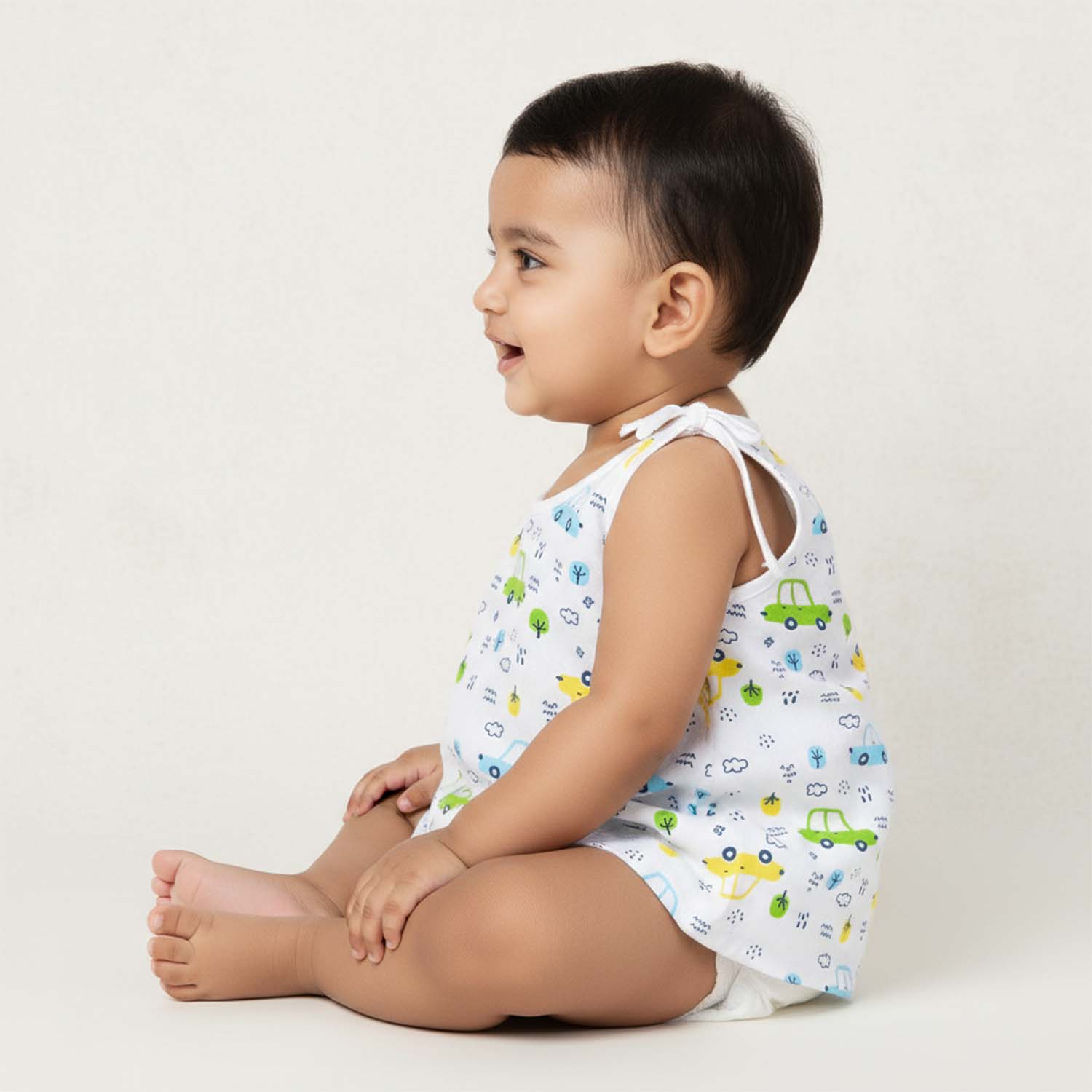 Baby Moo Car And Nature Theme Round Neck Sleeveless Tie Knot Cotton Jhablas 5 Pcs - Yellow, Multicolour