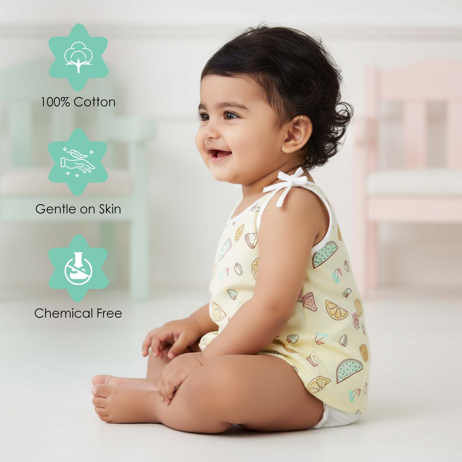 Baby Moo Car And Nature Theme Round Neck Sleeveless Tie Knot Cotton Jhablas 5 Pcs - Yellow, Multicolour