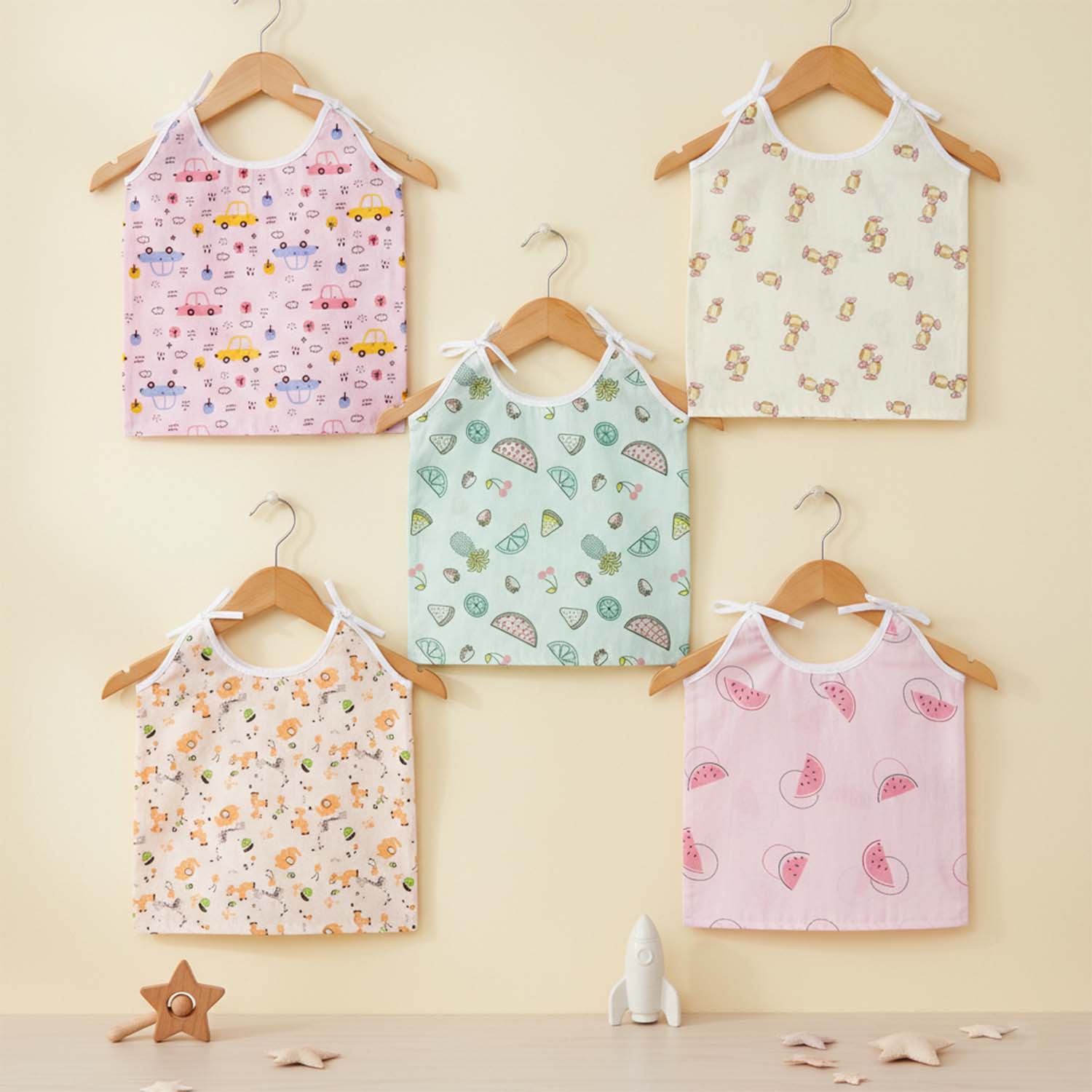 Baby Moo Candy Crush Round Neck Sleeveless Tie Knot Cotton Jhablas 5 Pcs - Pink, Multicolour