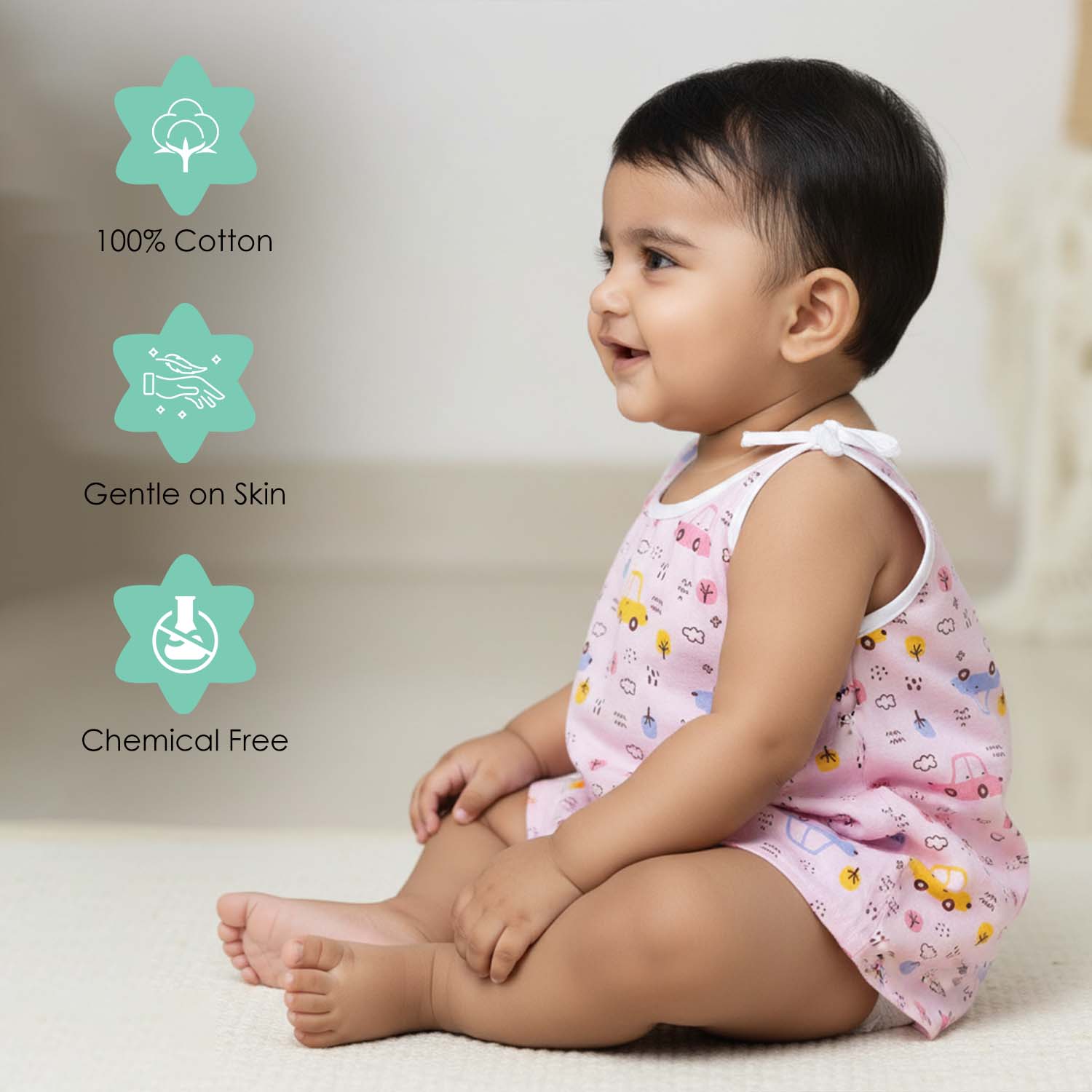 Baby Moo Candy Crush Round Neck Sleeveless Tie Knot Cotton Jhablas 5 Pcs - Pink, Multicolour