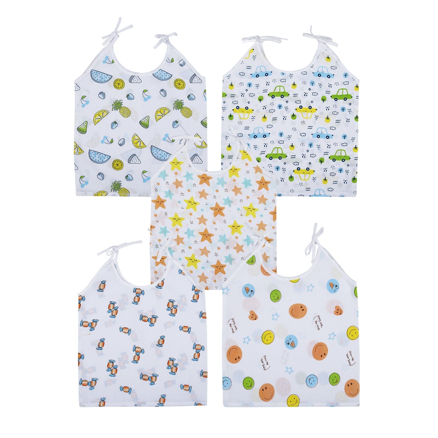 Baby Moo Cars And Stars Round Neck Sleeveless Tie Knot Cotton Jhablas 5 Pcs - Green, Multicolour