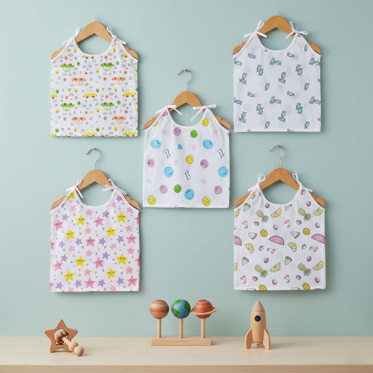 Baby Moo Happy Sweet Stars Round Neck Sleeveless Tie Knot Cotton Jhablas 5 Pcs - Orange, Multicolour