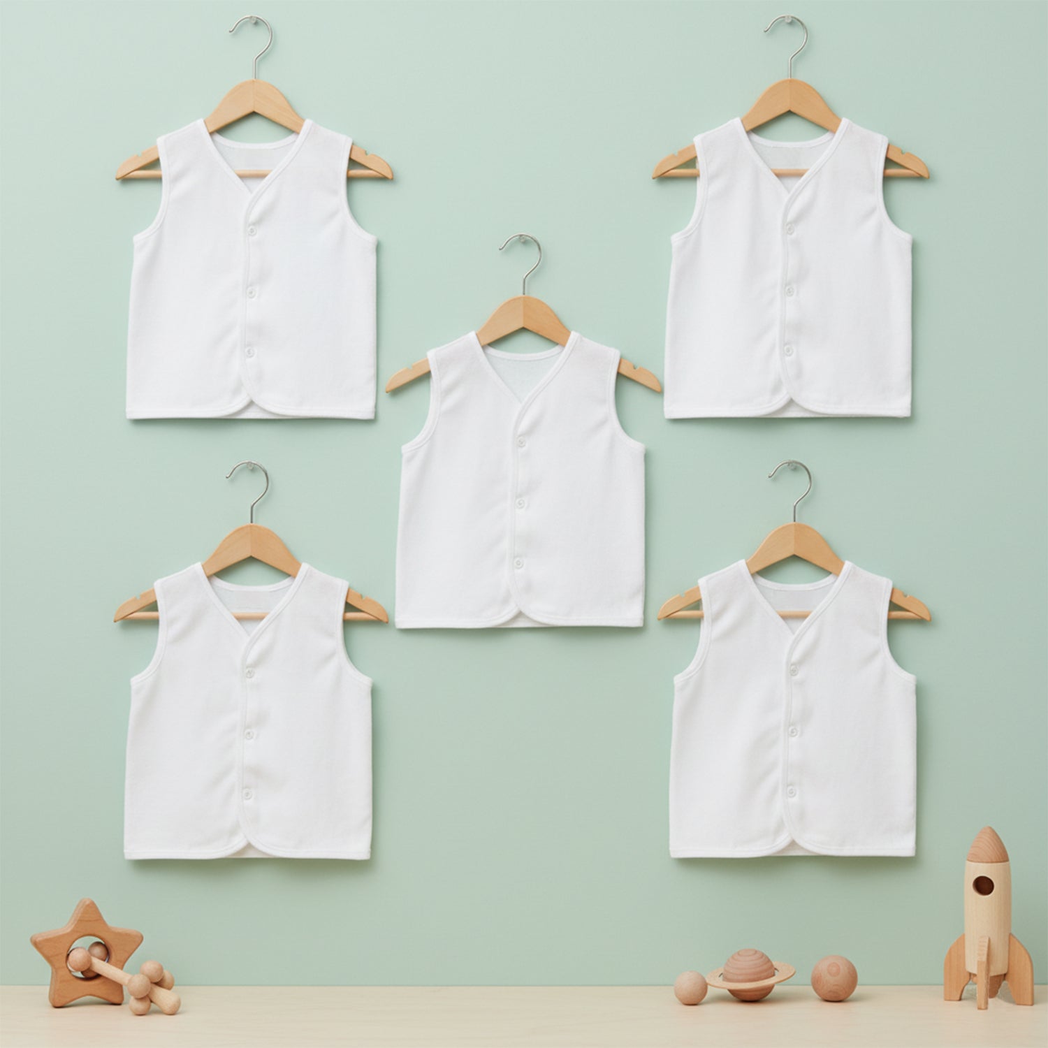 Baby Moo Solid V-Neck Sleeveless Front Opening Button Cotton Jhablas 5 Pcs - White