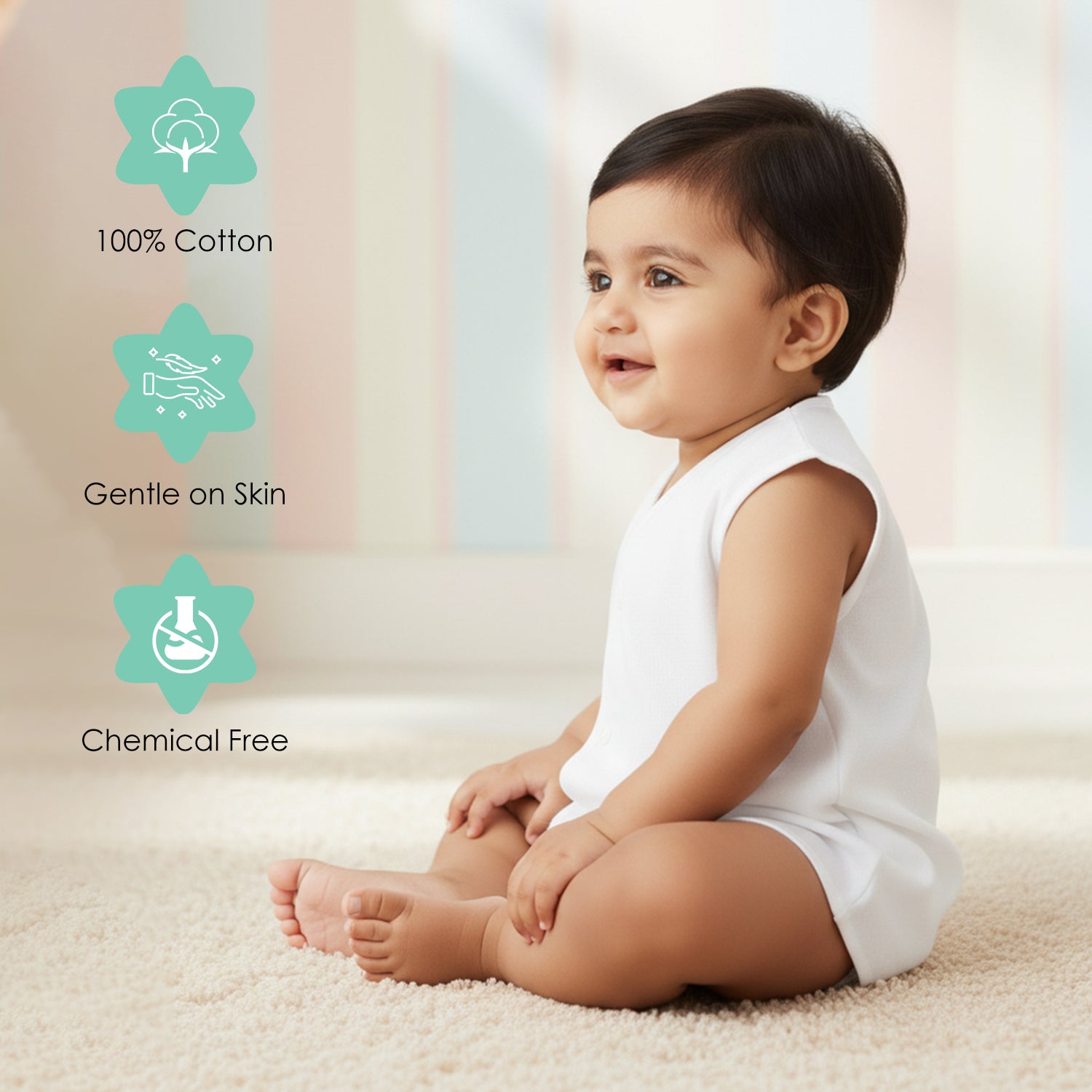 Baby Moo Solid V-Neck Sleeveless Front Opening Button Cotton Jhablas 5 Pcs - White