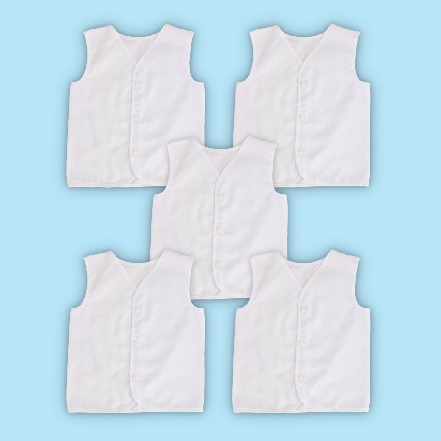 Baby Moo Solid V-Neck Sleeveless Front Opening Button Cotton Jhablas 5 Pcs - White