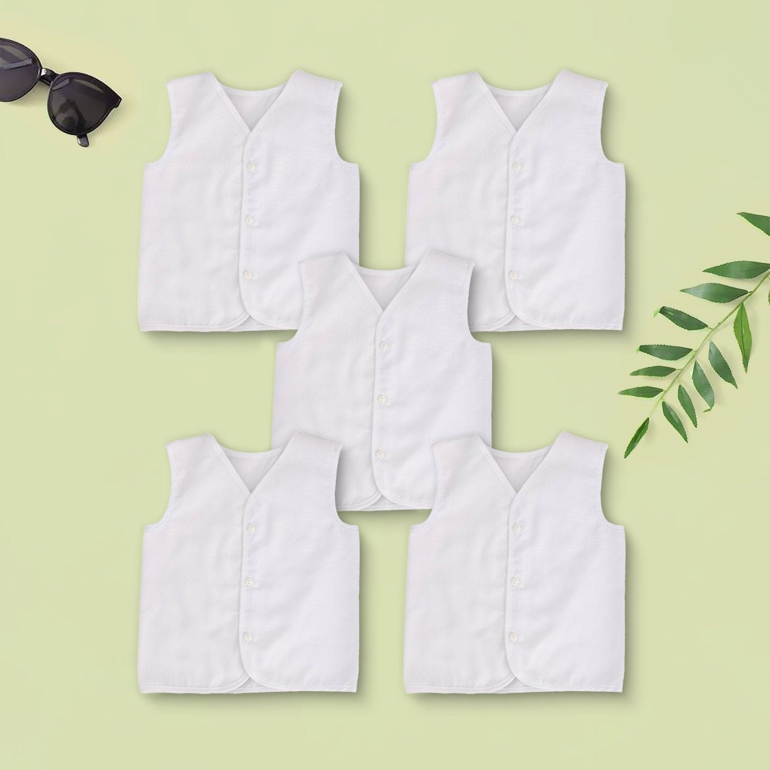 Baby Moo Solid V-Neck Sleeveless Front Opening Button Cotton Jhablas 5 Pcs - White