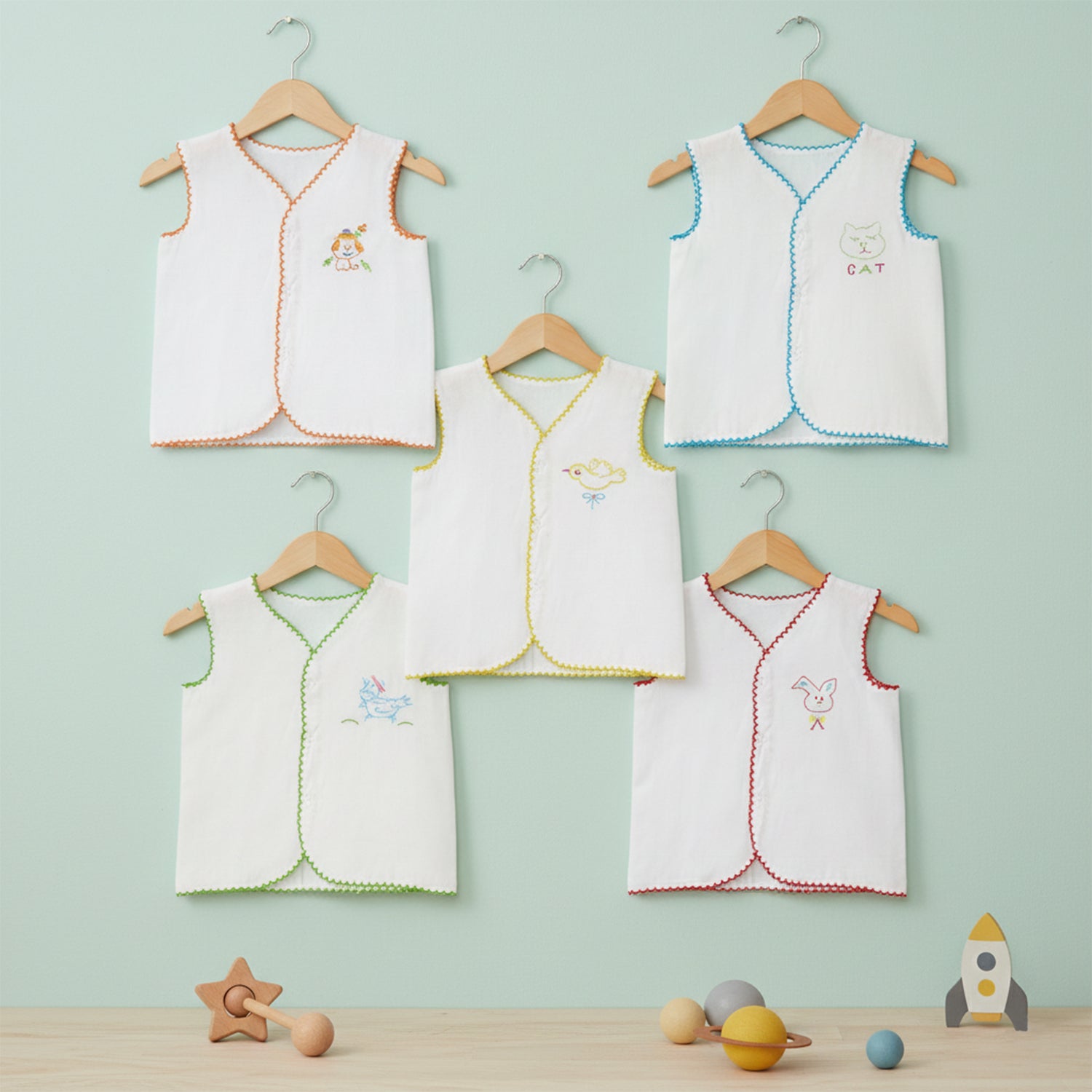 Baby Moo Animal Embroidery V-Neck Sleeveless Front Opening Button Cotton Jhablas 5 Pcs - Multicolour, White