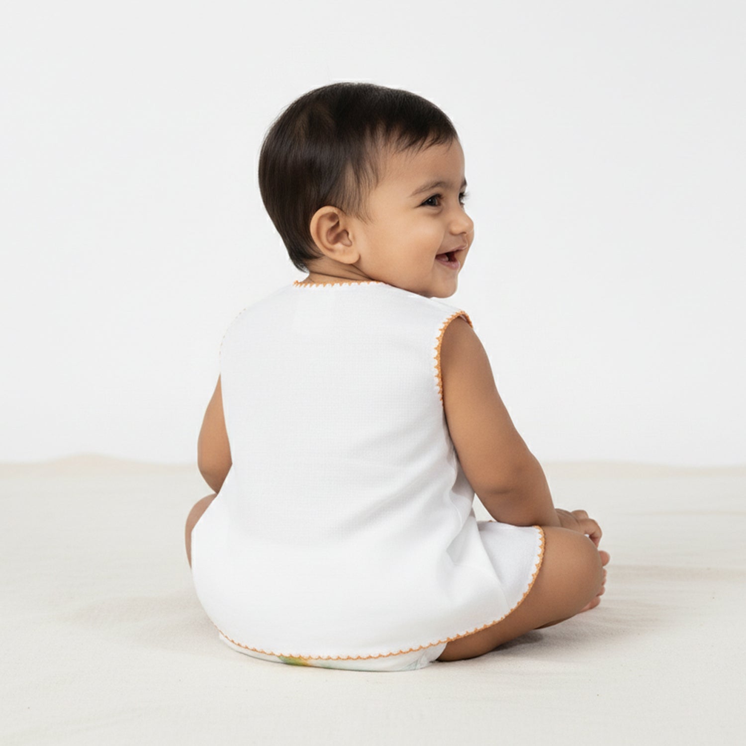 Baby Moo Animal Embroidery V-Neck Sleeveless Front Opening Button Cotton Jhablas 5 Pcs - Multicolour, White