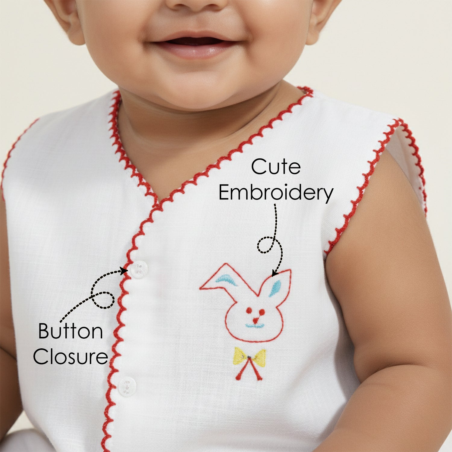 Baby Moo Animal Embroidery V-Neck Sleeveless Front Opening Button Cotton Jhablas 5 Pcs - Multicolour, White