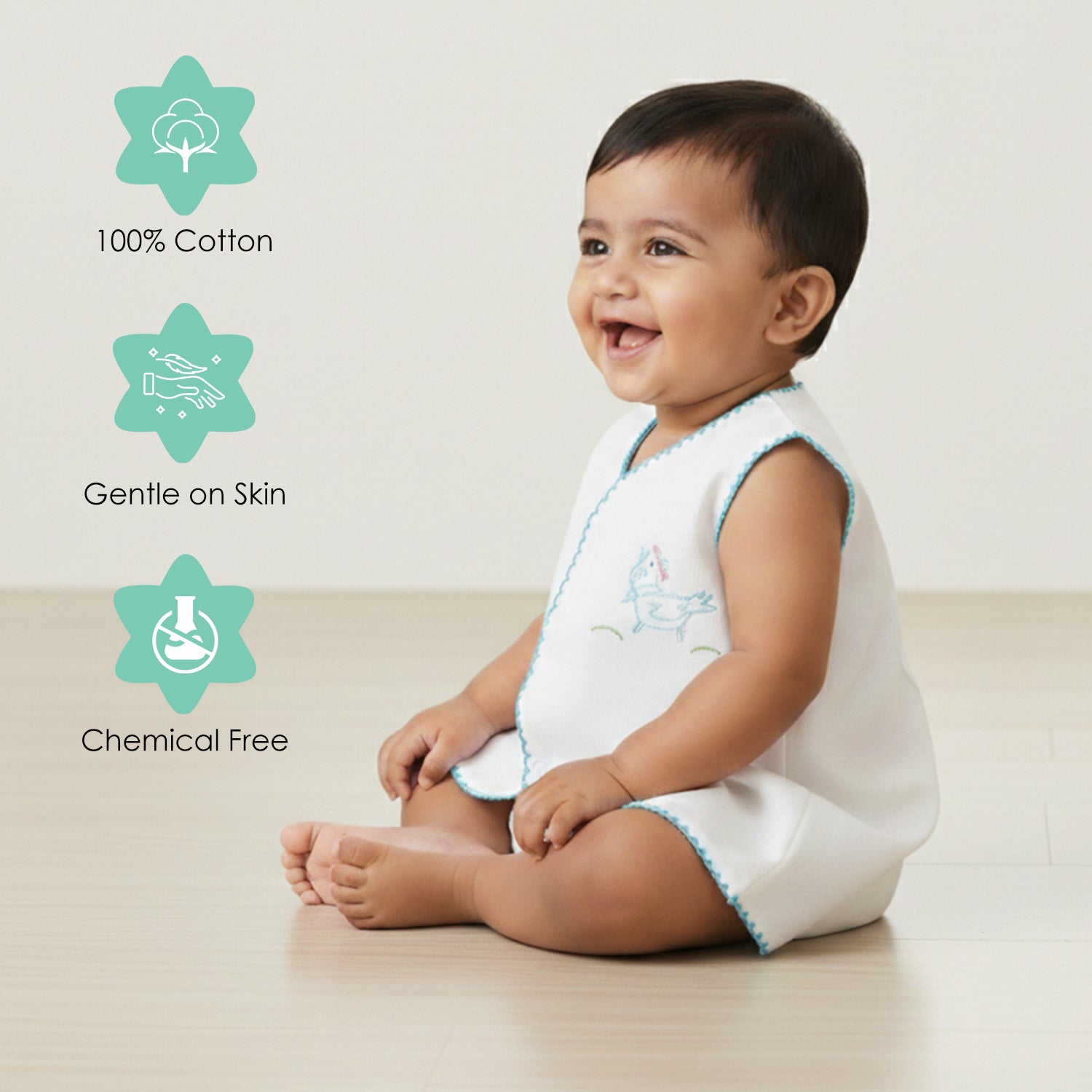 Baby Moo Animal Embroidery V-Neck Sleeveless Front Opening Button Cotton Jhablas 5 Pcs - Multicolour, White