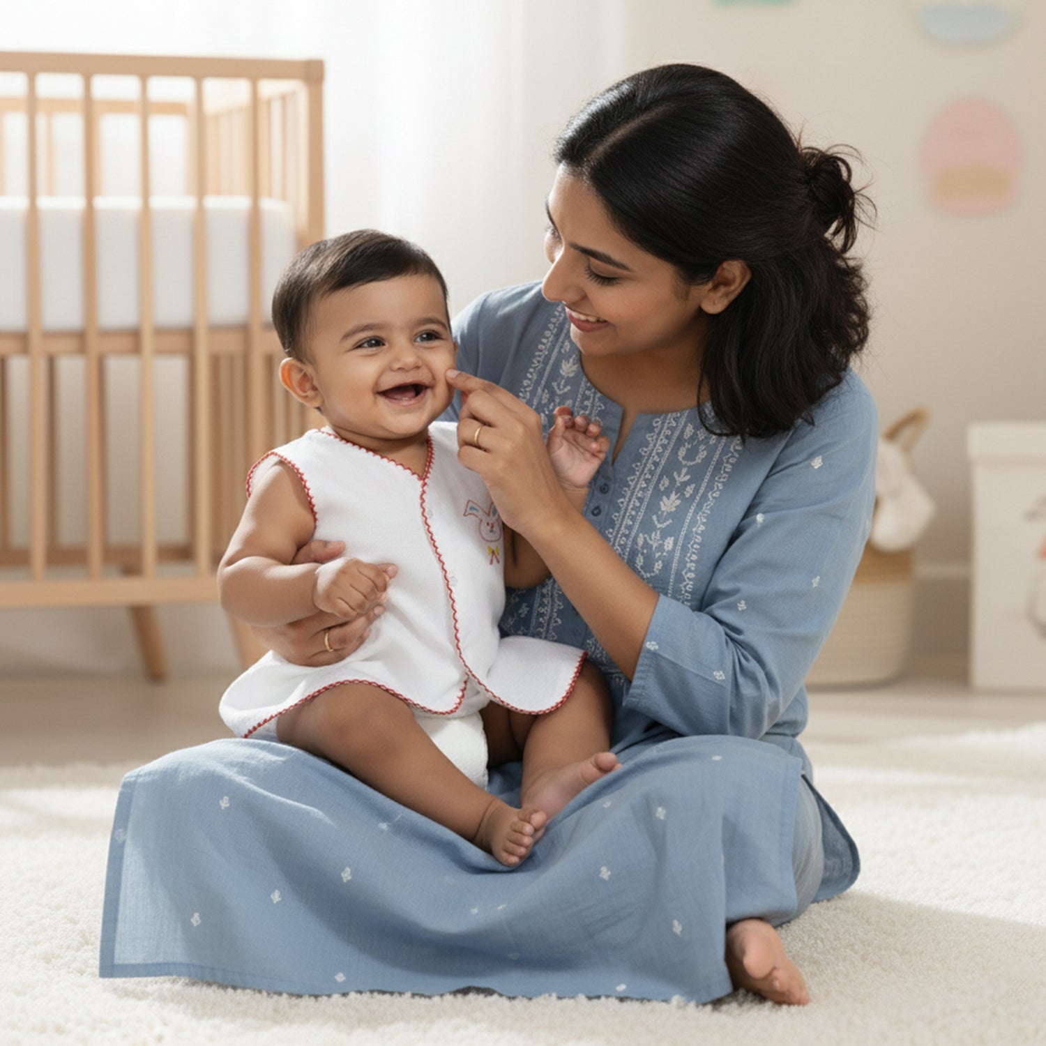 Baby Moo Animal Embroidery V-Neck Sleeveless Front Opening Button Cotton Jhablas 5 Pcs - Multicolour, White