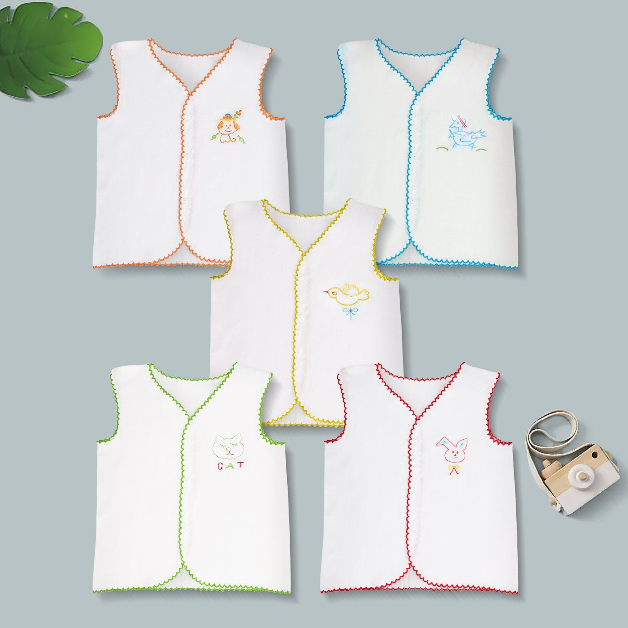 Baby Moo Animal Embroidery V-Neck Sleeveless Front Opening Button Cotton Jhablas 5 Pcs - Multicolour, White