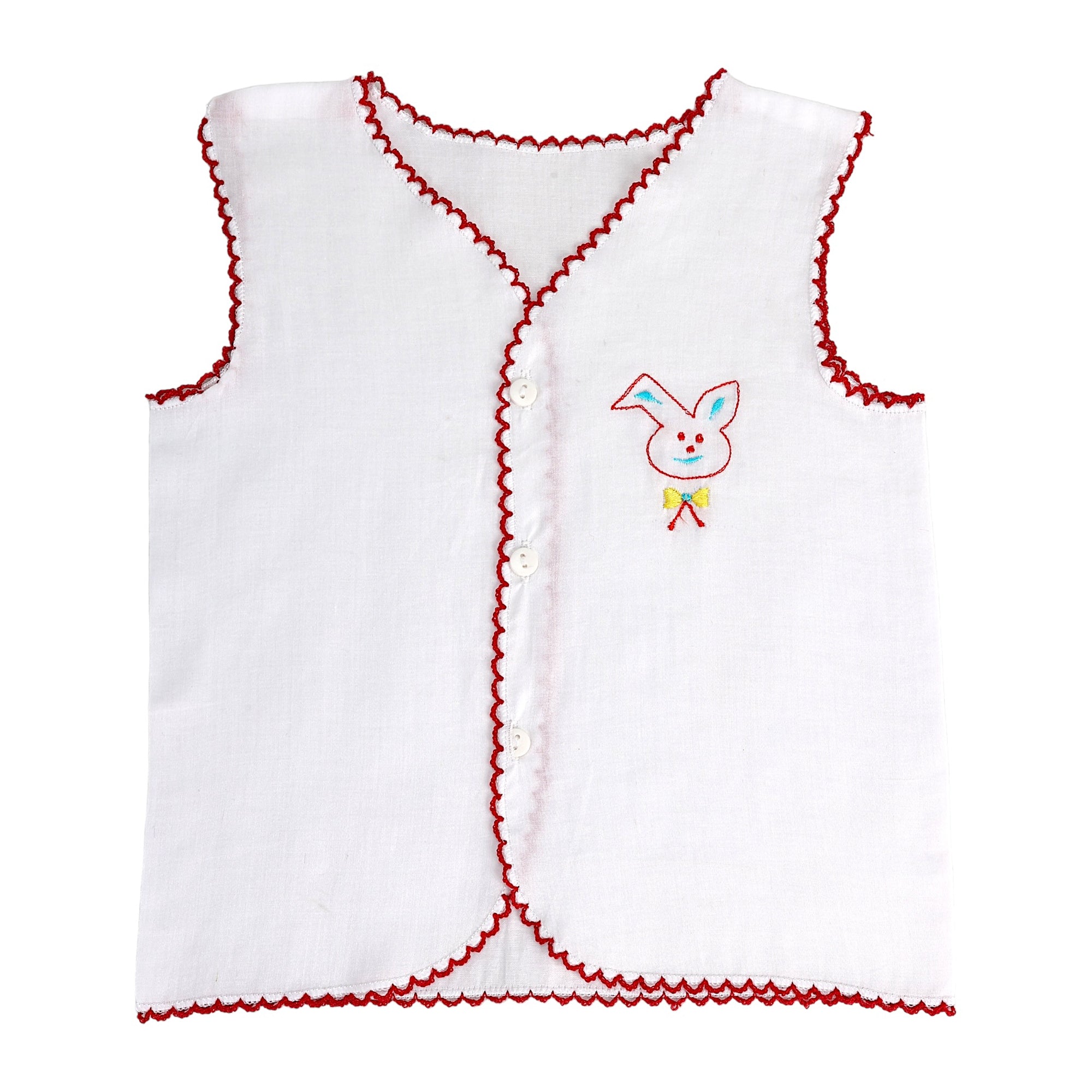 Baby Moo Animal Embroidery V-Neck Sleeveless Front Opening Button Cotton Jhablas 5 Pcs - Multicolour, White