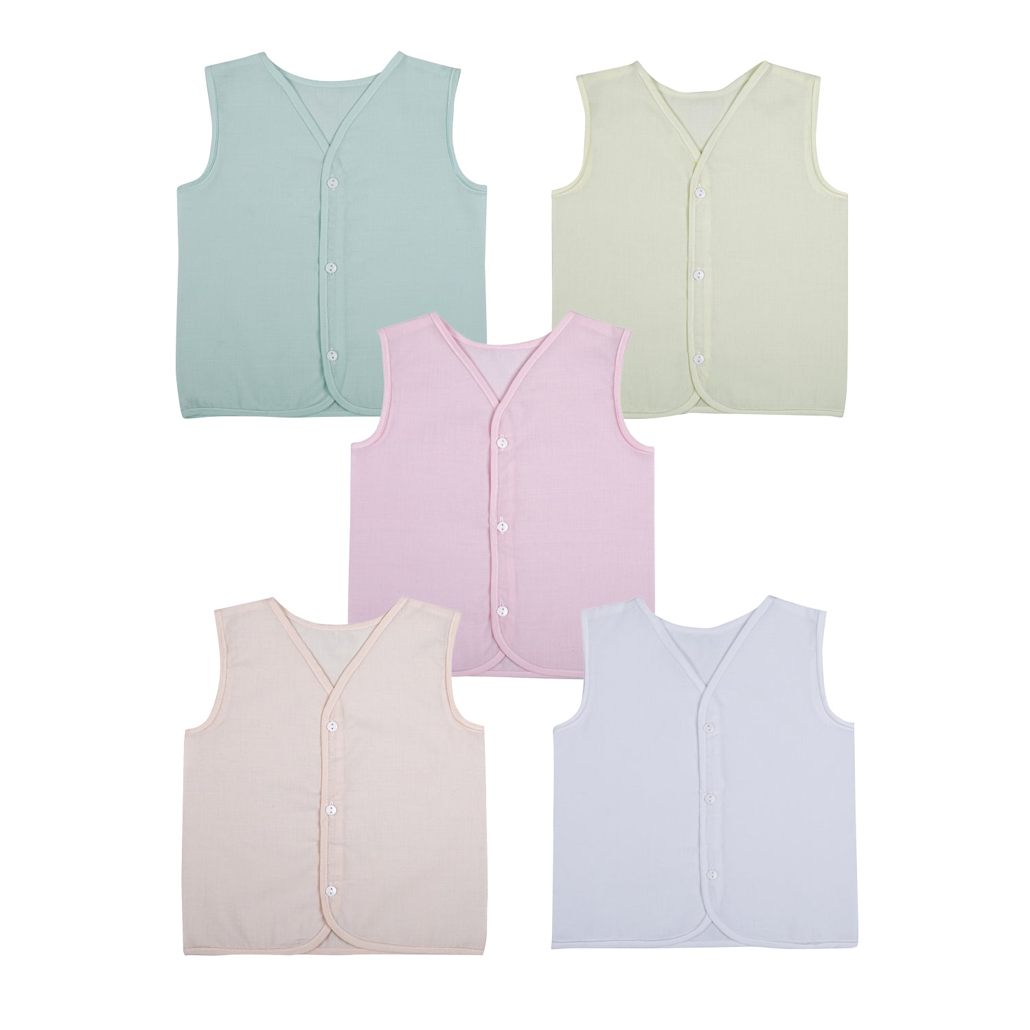 Baby Moo Solid V-Neck Sleeveless Front Opening Button Cotton Jhablas 5 Pcs - Pink, Multicolour