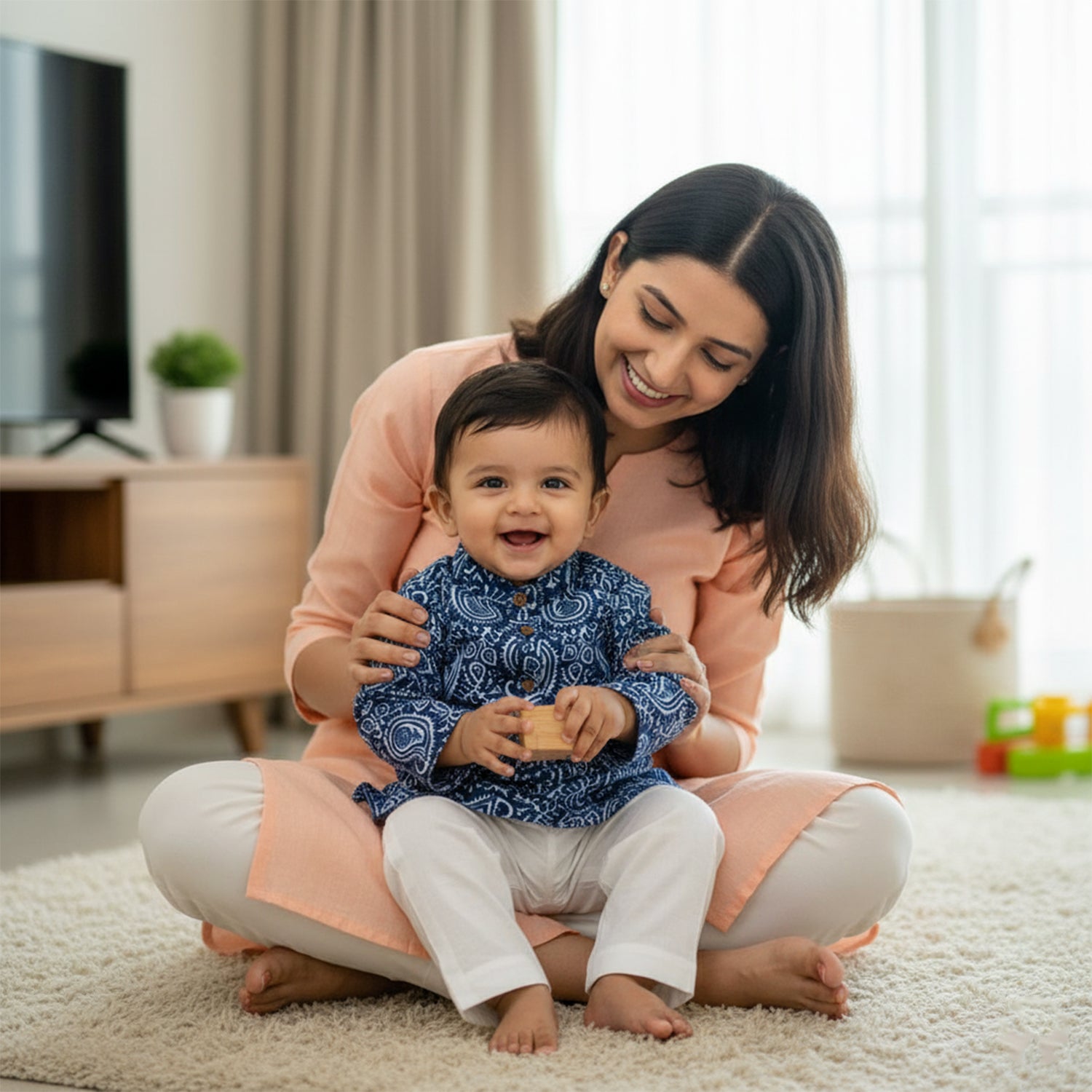 Baby Moo Butta Print Ethnic Kurta Pyjama Set - Blue