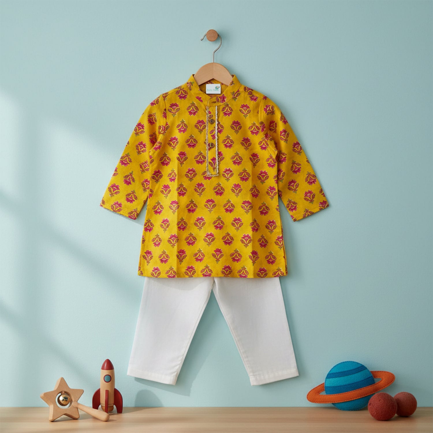 Baby Moo Floral Print Ethnic Kurta Pyjama Set - Yellow