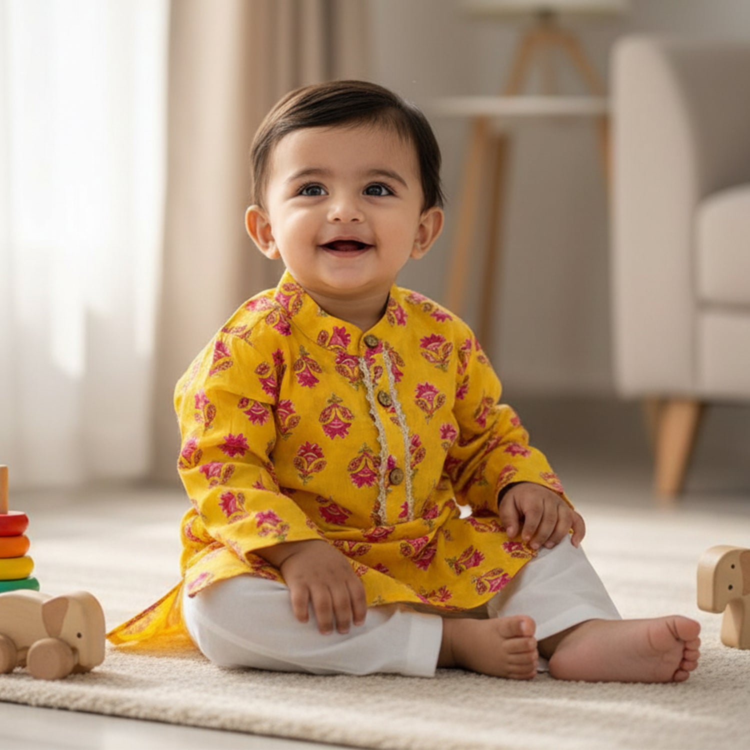 Baby Moo Floral Print Ethnic Kurta Pyjama Set - Yellow