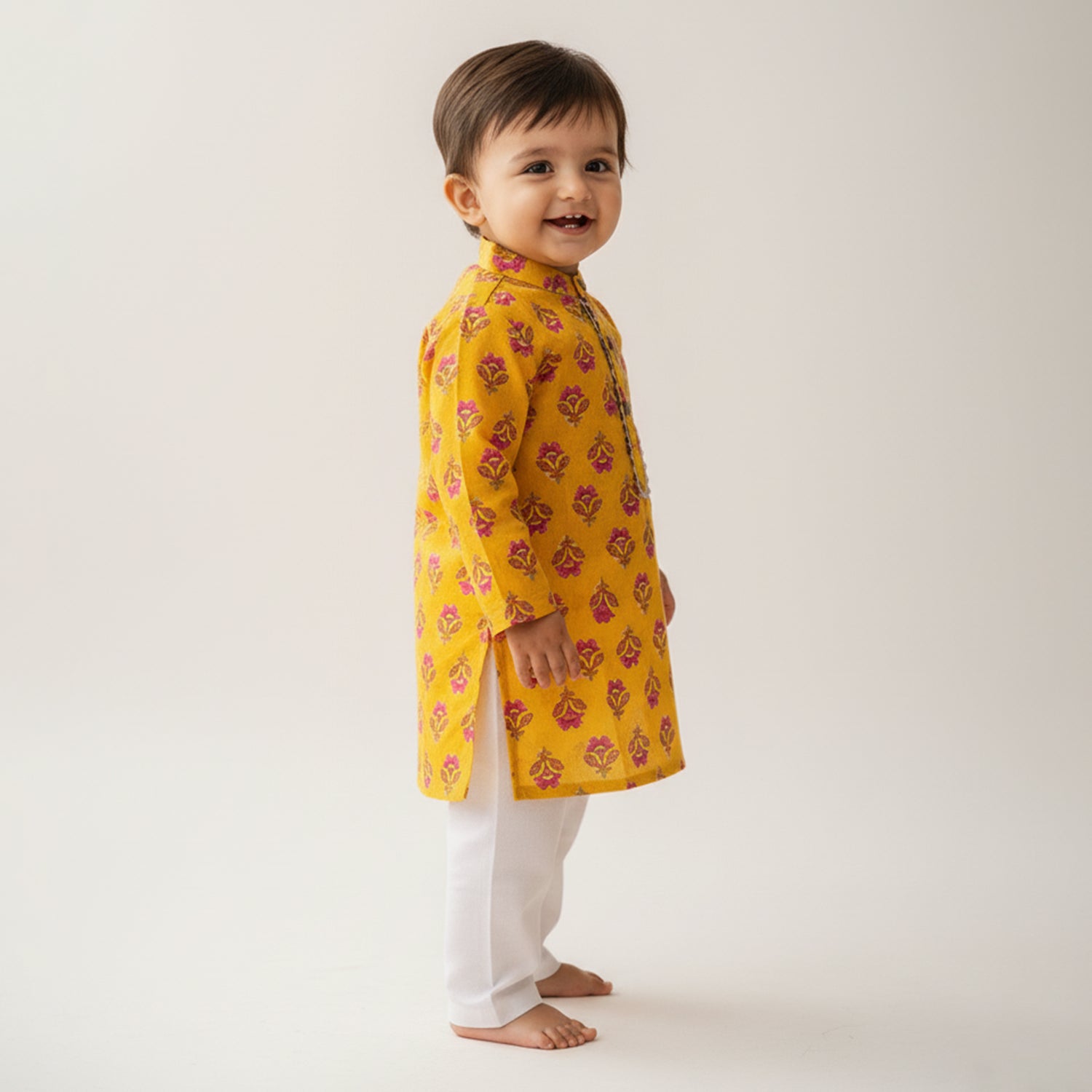 Baby Moo Floral Print Ethnic Kurta Pyjama Set - Yellow