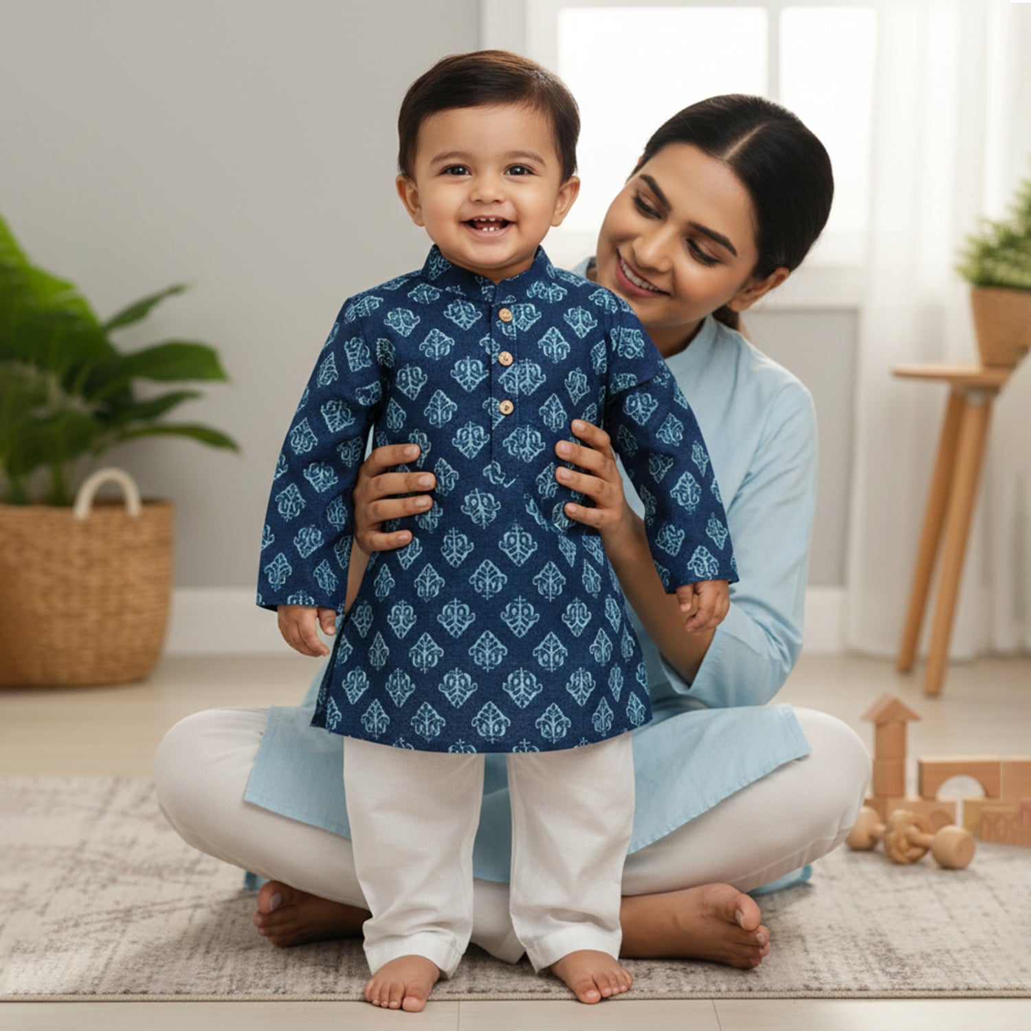 Baby Moo Indigo Print Ethnic Kurta Pyjama Set - Blue
