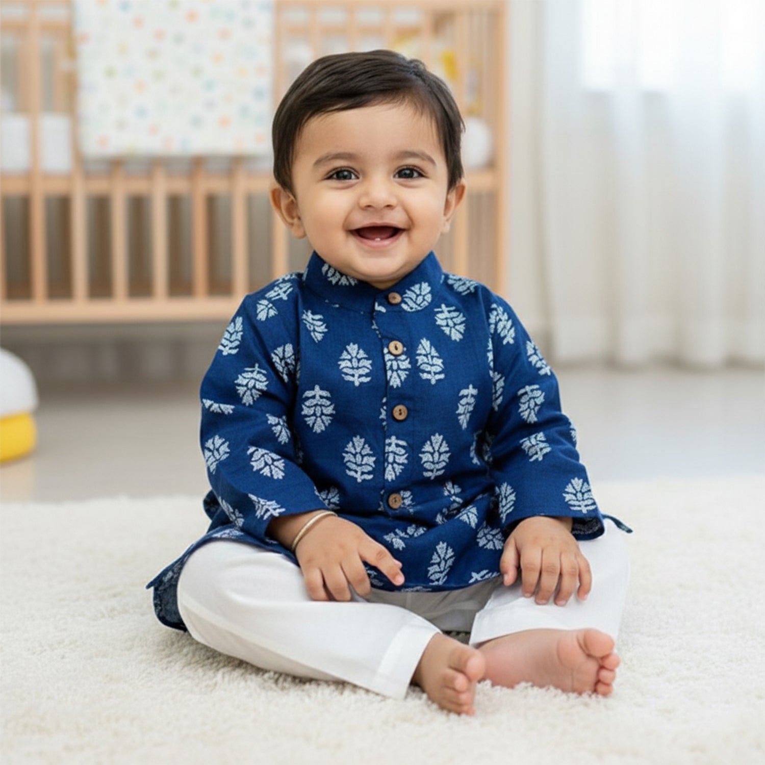 Baby Moo Botanical Print Ethnic Kurta Pyjama Set - Blue