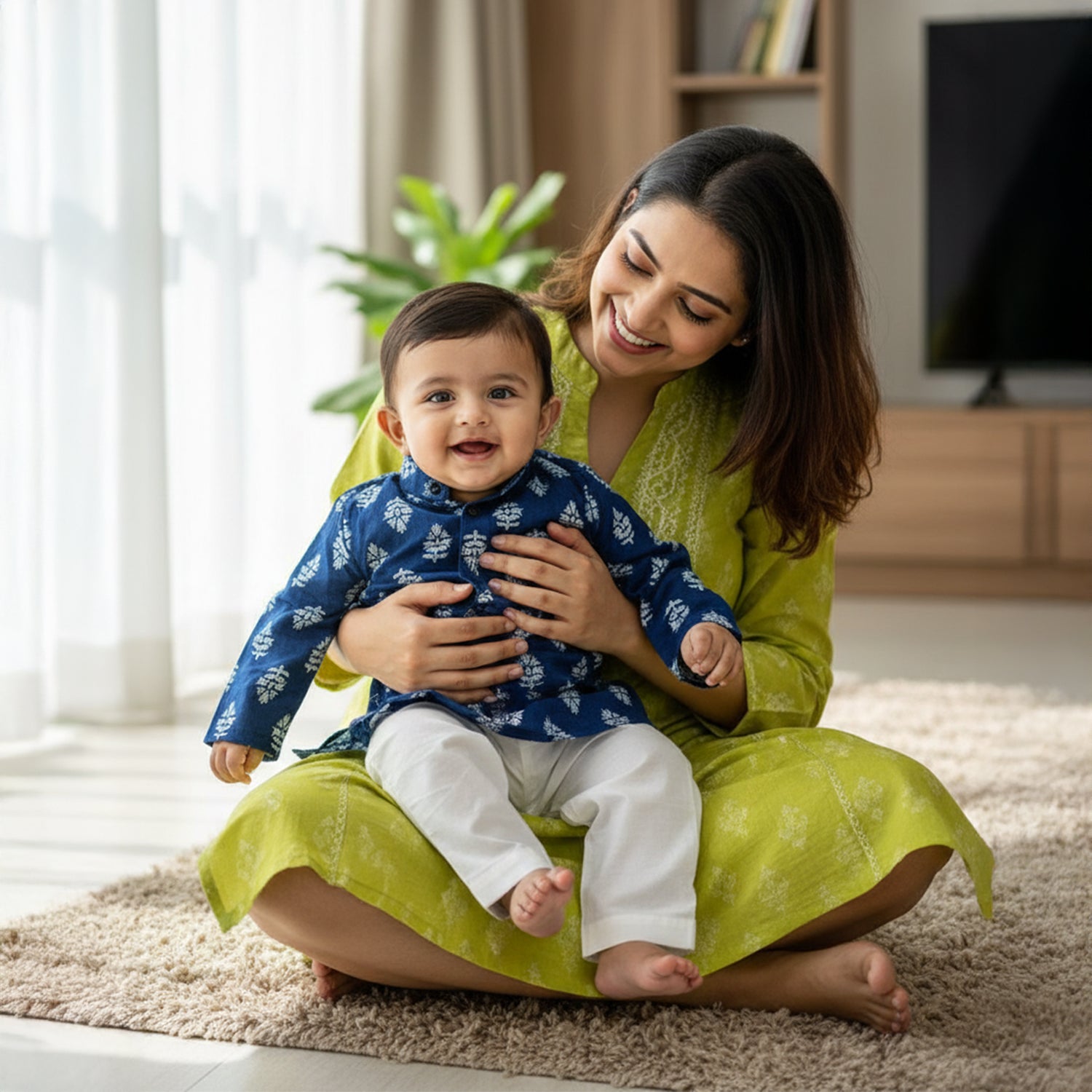 Baby Moo Botanical Print Ethnic Kurta Pyjama Set - Blue