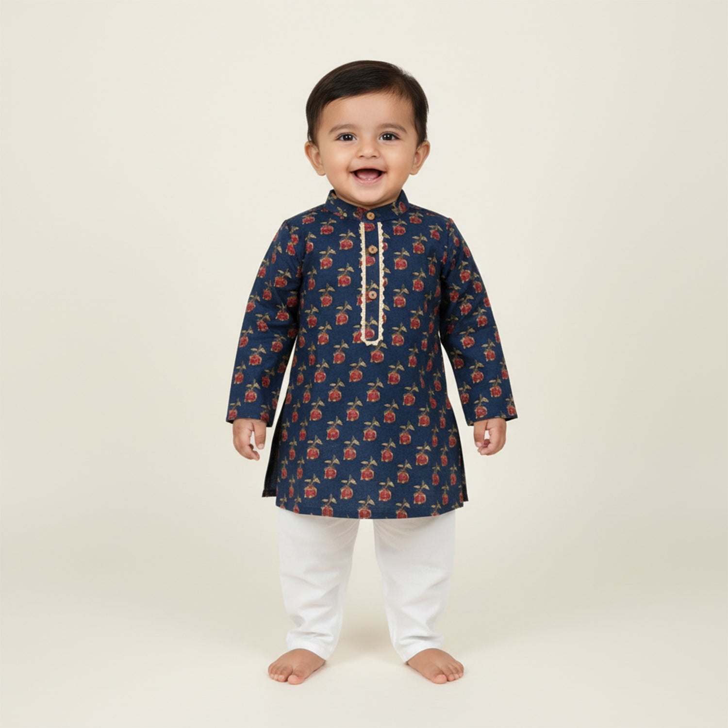 Baby Moo Rose Print Ethnic Kurta Pyjama Set - Navy Blue